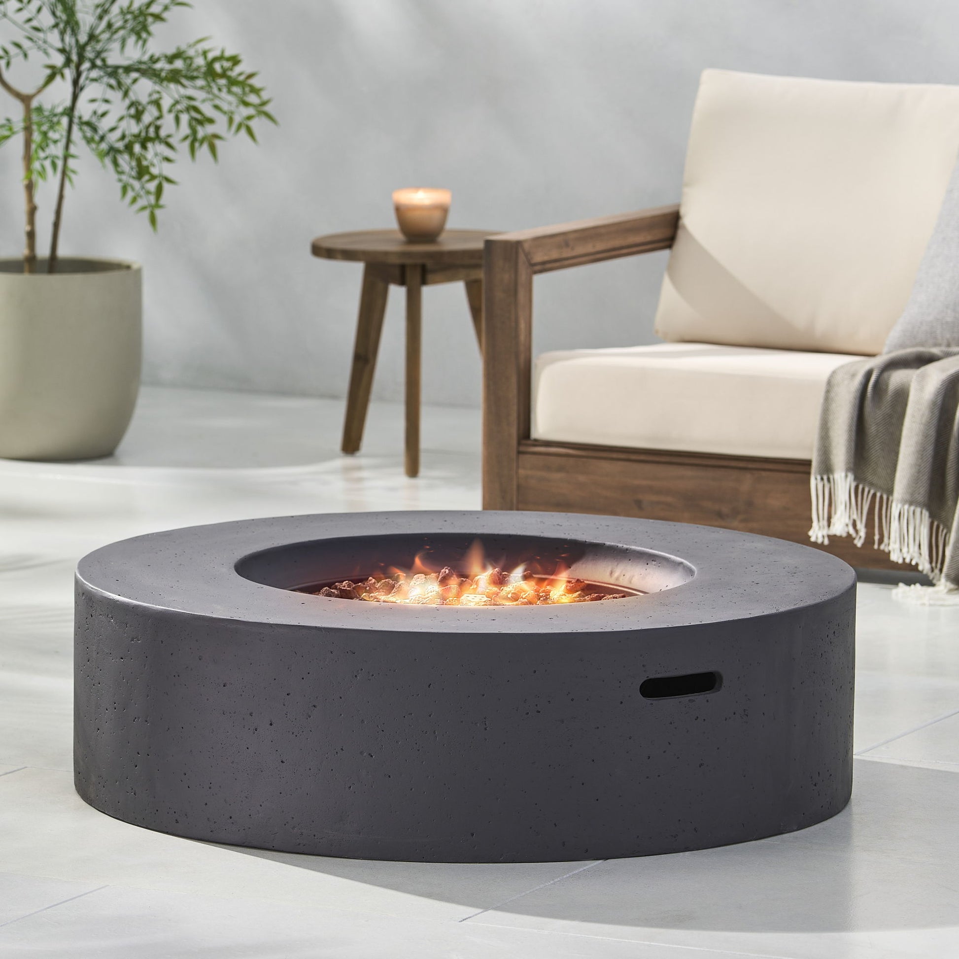 Modern Lightweight Concrete Outdoor Circular Fire Pit 50,000 Btu Noble House