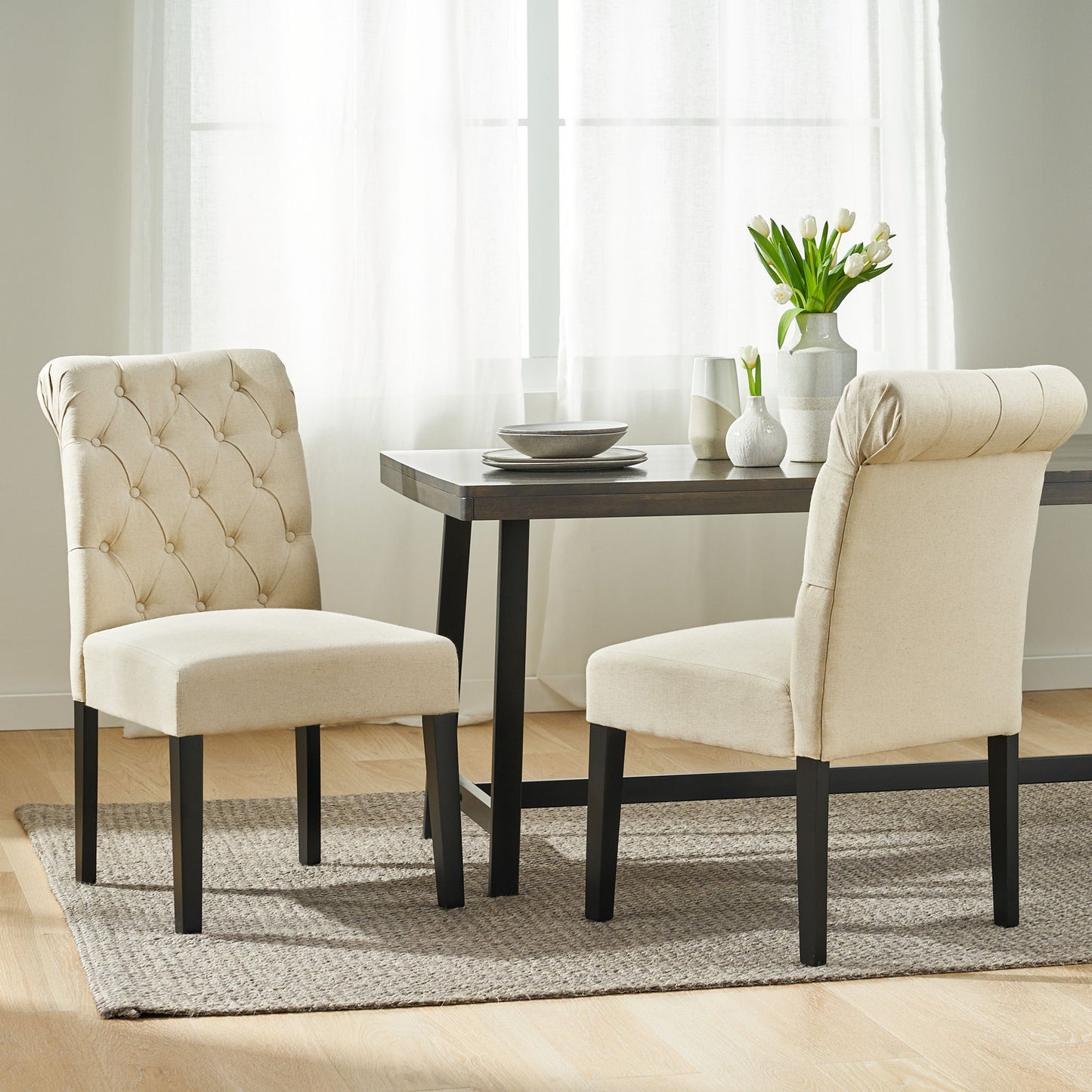 Dining Rolltop Chairs (Set of 2), Upholstered Armless Chair With Wood Leg - Ivory Noble House