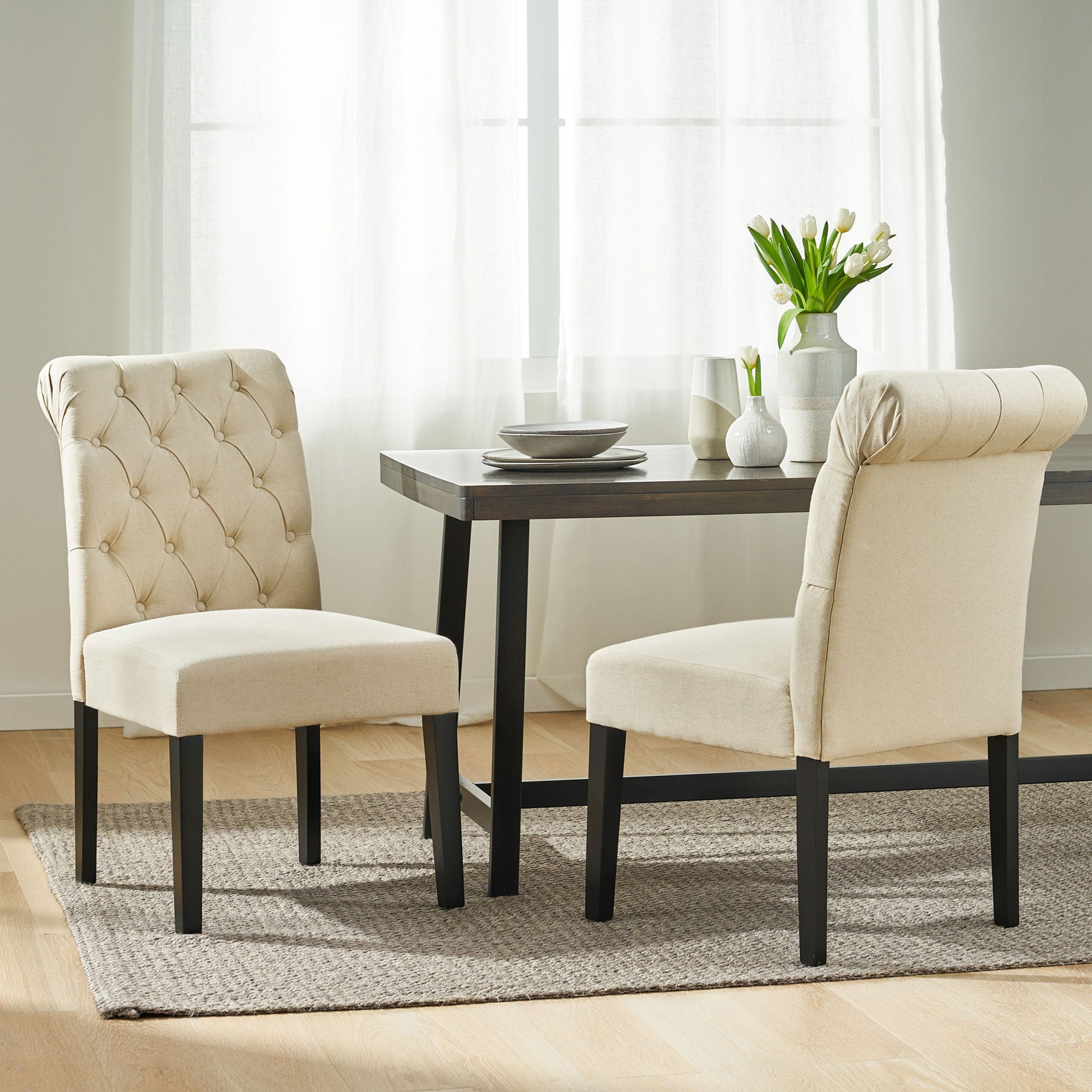 Dining Rolltop Chairs (Set of 2), Upholstered Armless Chair With Wood Leg - Ivory Noble House