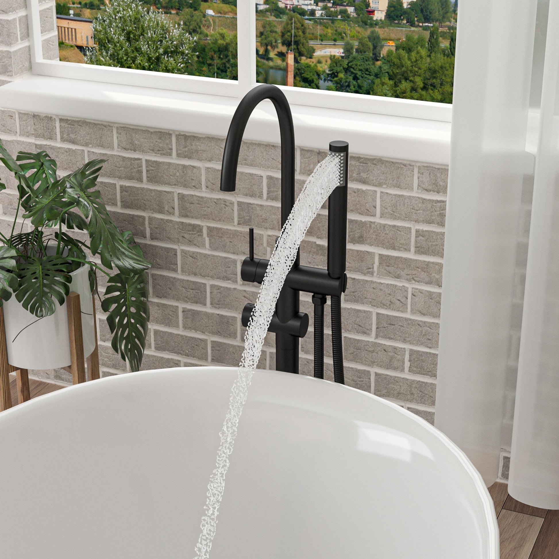 Freestanding Bathtub Faucet Floor Mount Tub Filler With Swivel Gooseneck Spout And Cylinder Handheld Daily Nest