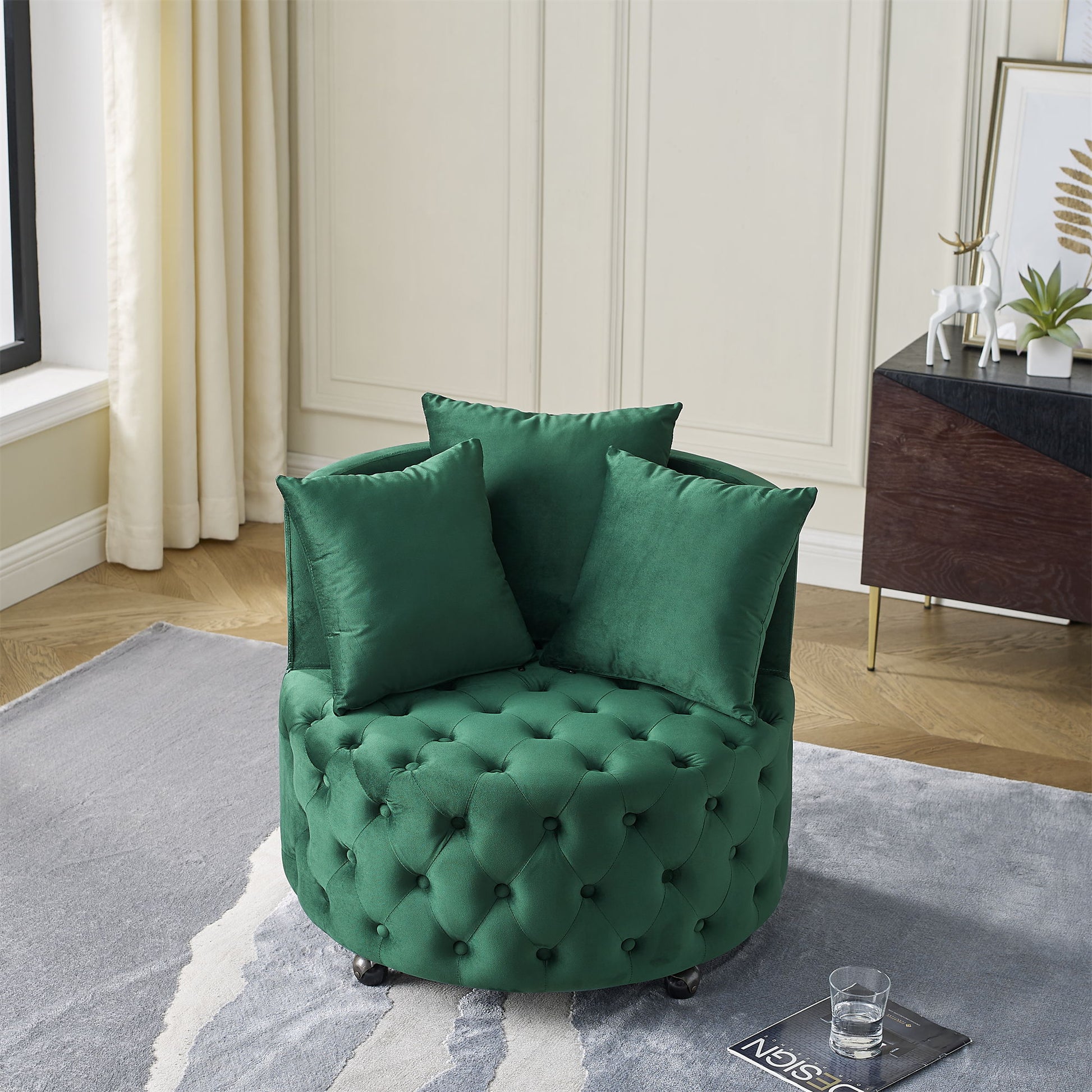 Modern Upholstered Swivel Chair With Button Tufted Design And Movable Wheels Home Essentials