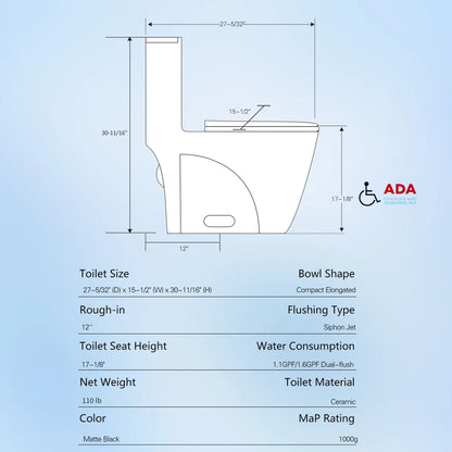 1.1 / 1.60 Gpf Dual Flush 1 Piece Toilet, Water Saving Elongated Comfort Height Floor Mounted, Soft Close Seat, 1000 Gram Map Flushing Score Toilet - Matte Black Daily Nest
