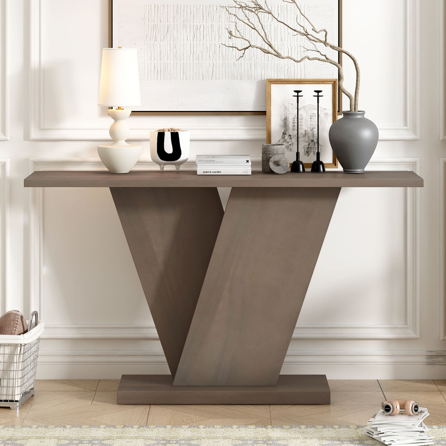 Console Table With V Shape Base, Sculptural Entryway Accent Noble House
