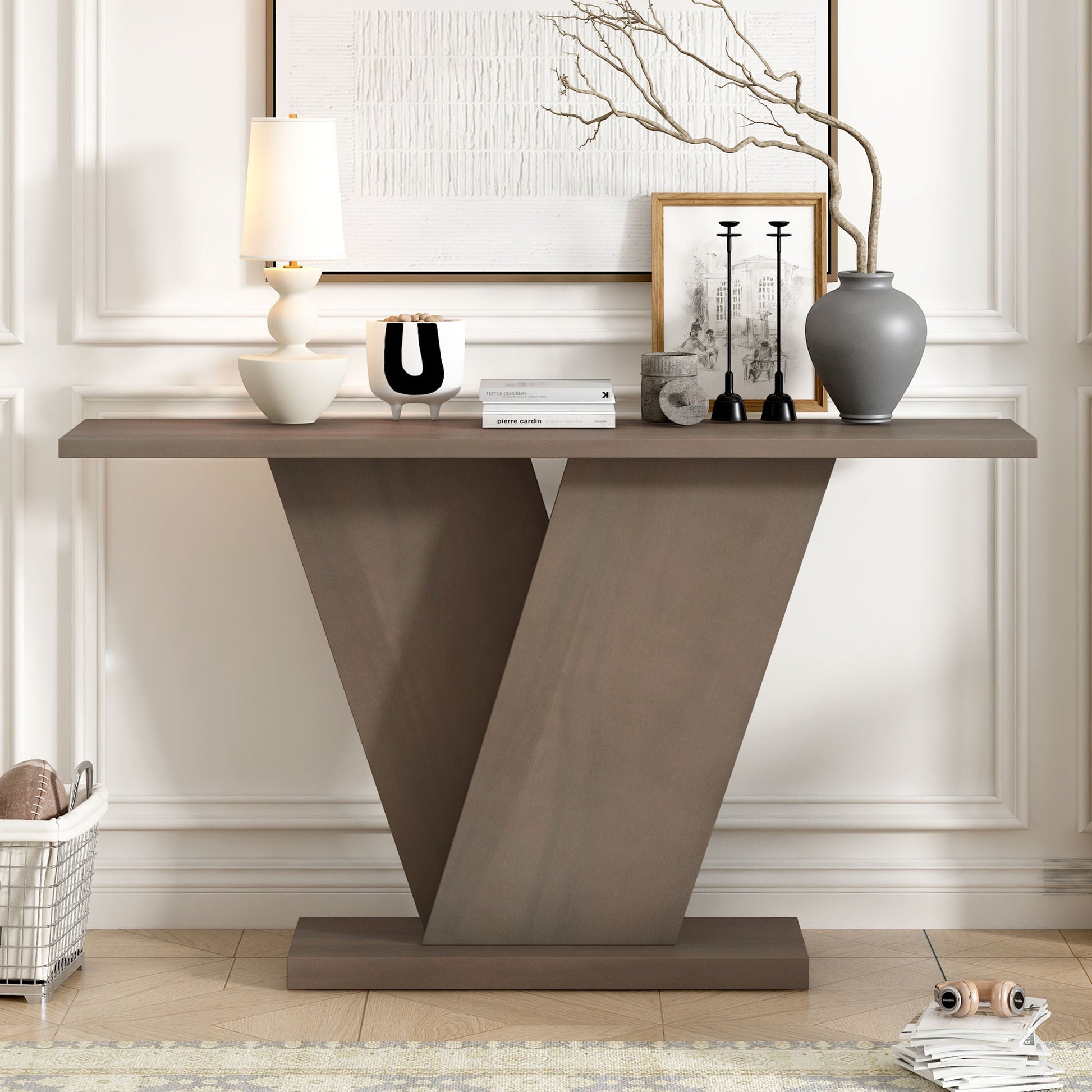 Console Table With V Shape Base, Sculptural Entryway Accent Noble House
