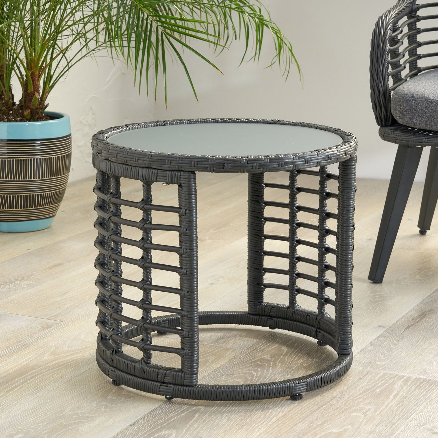 Achill - Outdoor Modern Boho Wicker Side Table With Glass Top - Gray Noble House