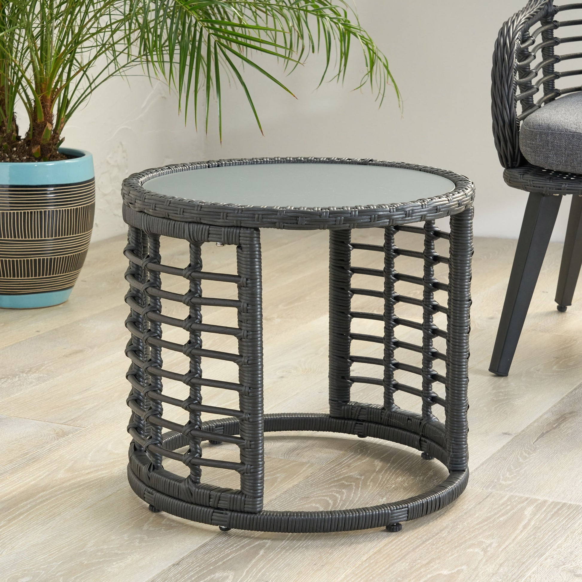 Achill - Outdoor Modern Boho Wicker Side Table With Glass Top - Gray Noble House