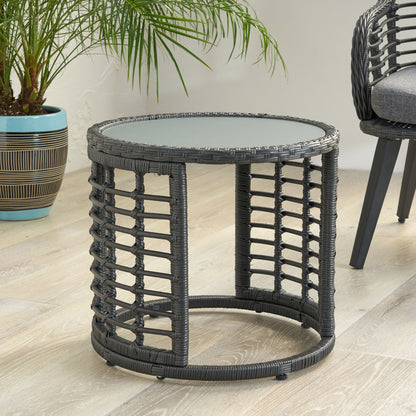 Achill - Outdoor Modern Boho Wicker Side Table With Glass Top - Gray Noble House