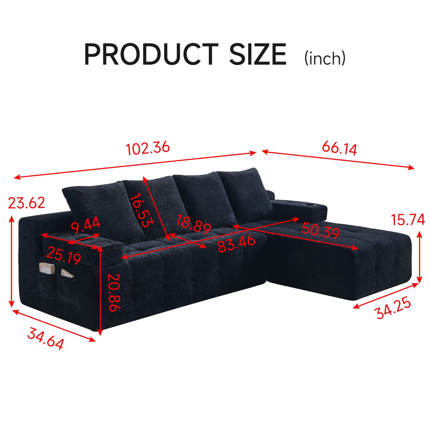 L - Shaped Sectional Sofa With Side Pockets, Wireless Charging, USB Ports, Cup Holder, Bluetooth Speaker, Reversible Lounge Chaise - Black Home Essentials