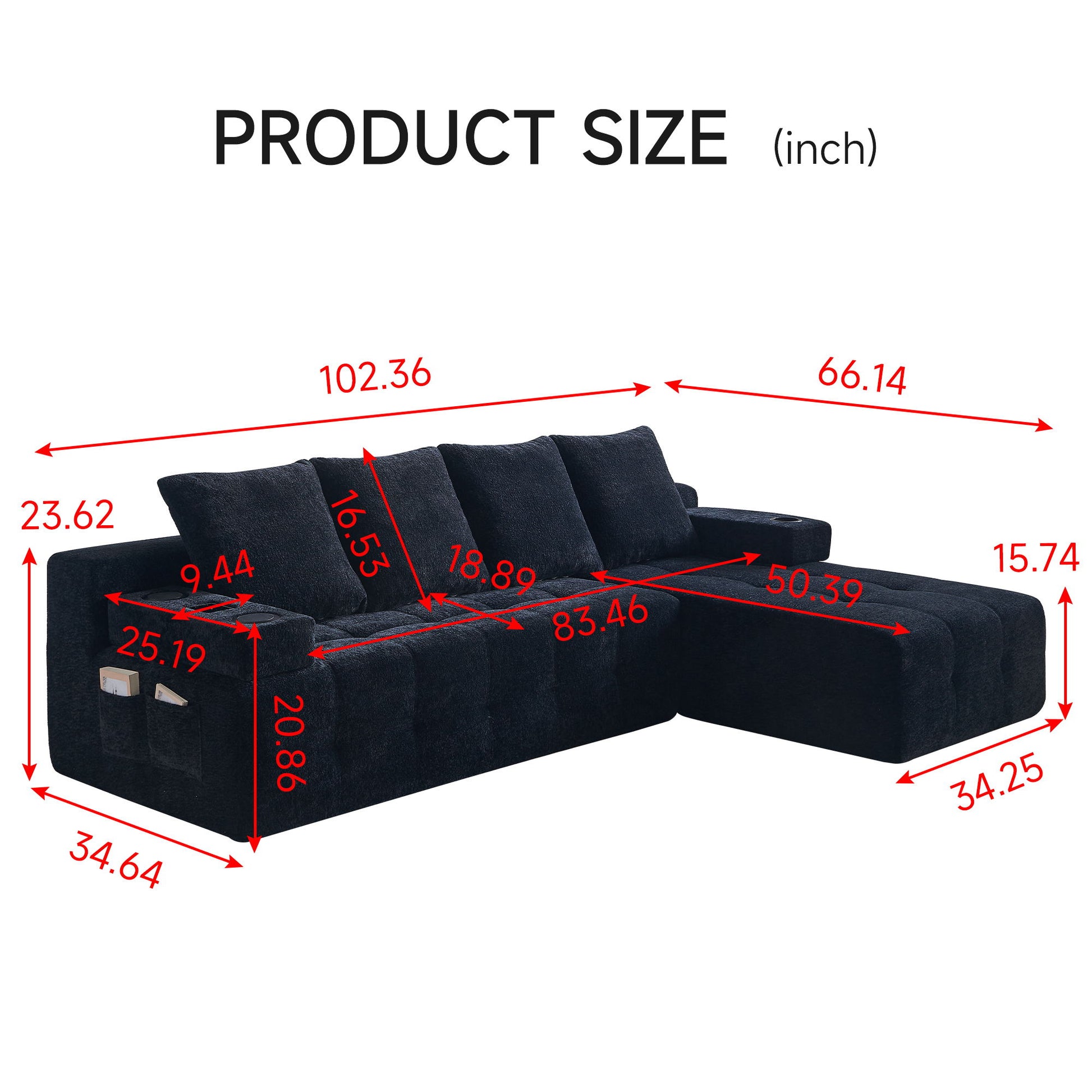 L - Shaped Sectional Sofa With Side Pockets, Wireless Charging, USB Ports, Cup Holder, Bluetooth Speaker, Reversible Lounge Chaise - Black Home Essentials