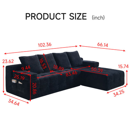 L - Shaped Sectional Sofa With Side Pockets, Wireless Charging, USB Ports, Cup Holder, Bluetooth Speaker, Reversible Lounge Chaise - Black Home Essentials