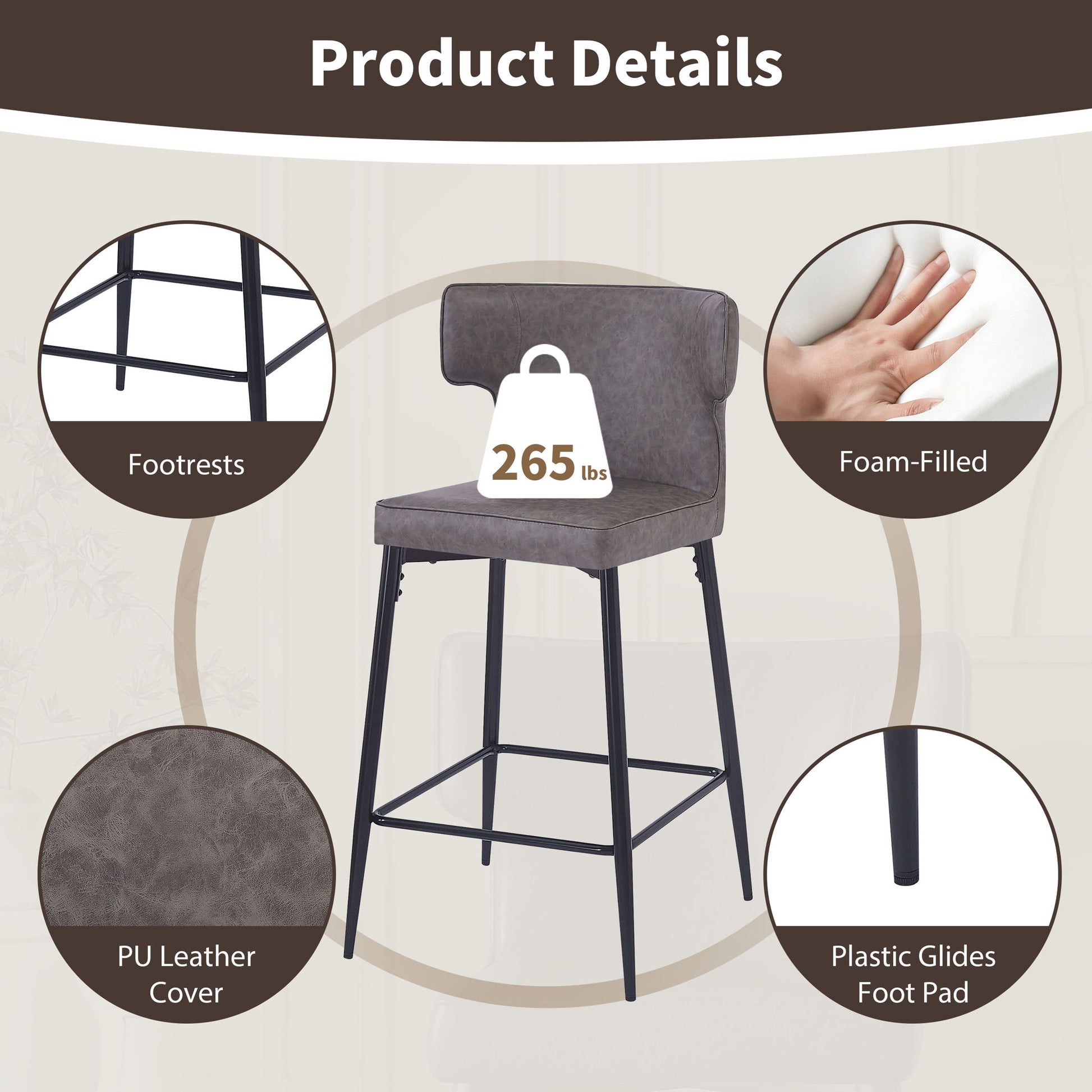 Modern Bar Stools With Upholstery And Metal Footrest (Set of 2) Noble House