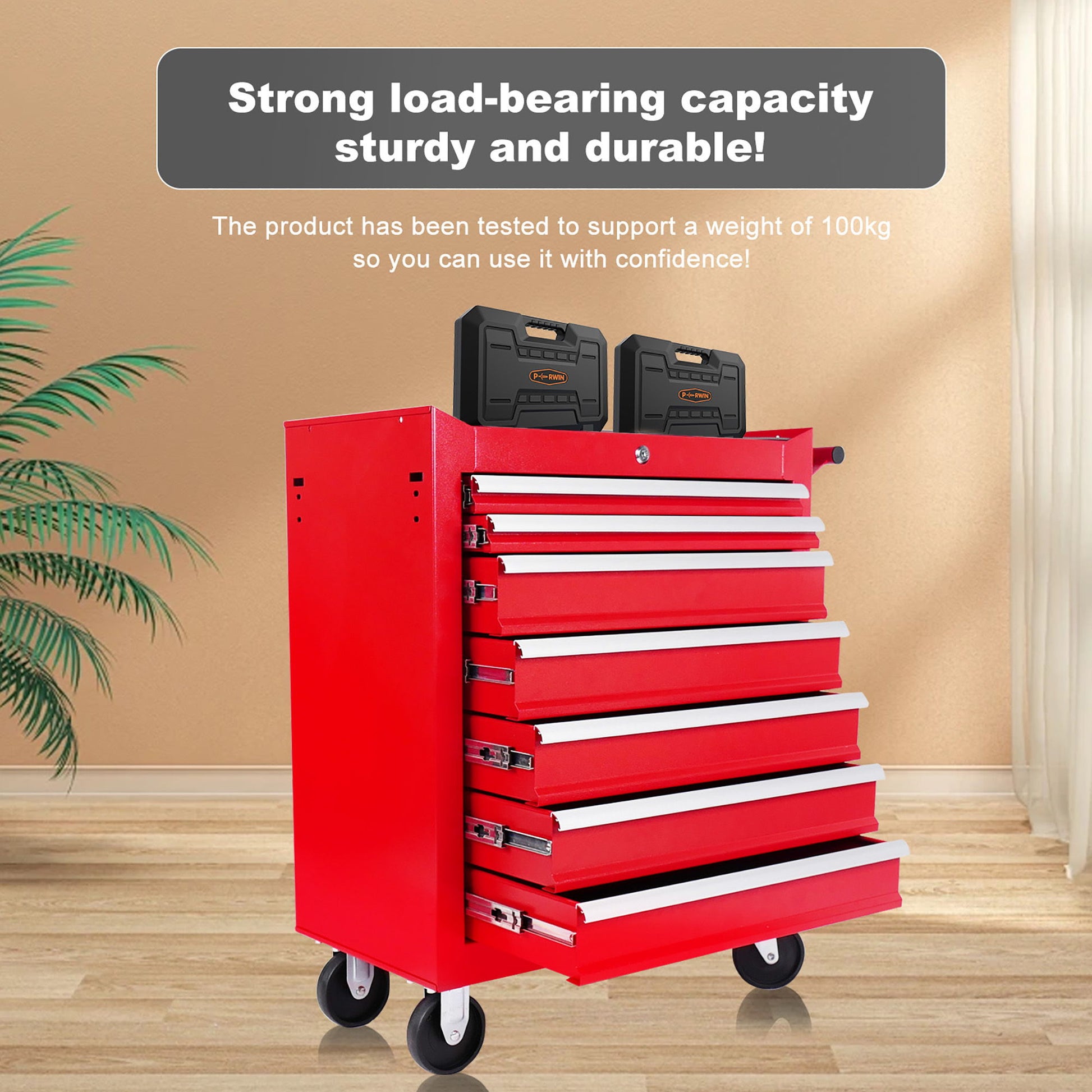 Red 7 Drawer Metal Rolling Tool Chest With Locking System And Wheels, Steel Construction - Red Daily Nest