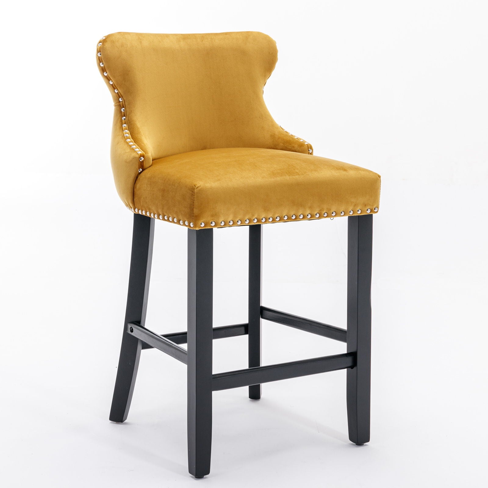 Contemporary Velvet Upholstered Wing-Back Barstools With Button Tufted Decoration And Wooden Legs, And Chrome Nailhead Trim, Leisure Style Bar Chairs, Bar Stools (Set of 4) Home Essentials