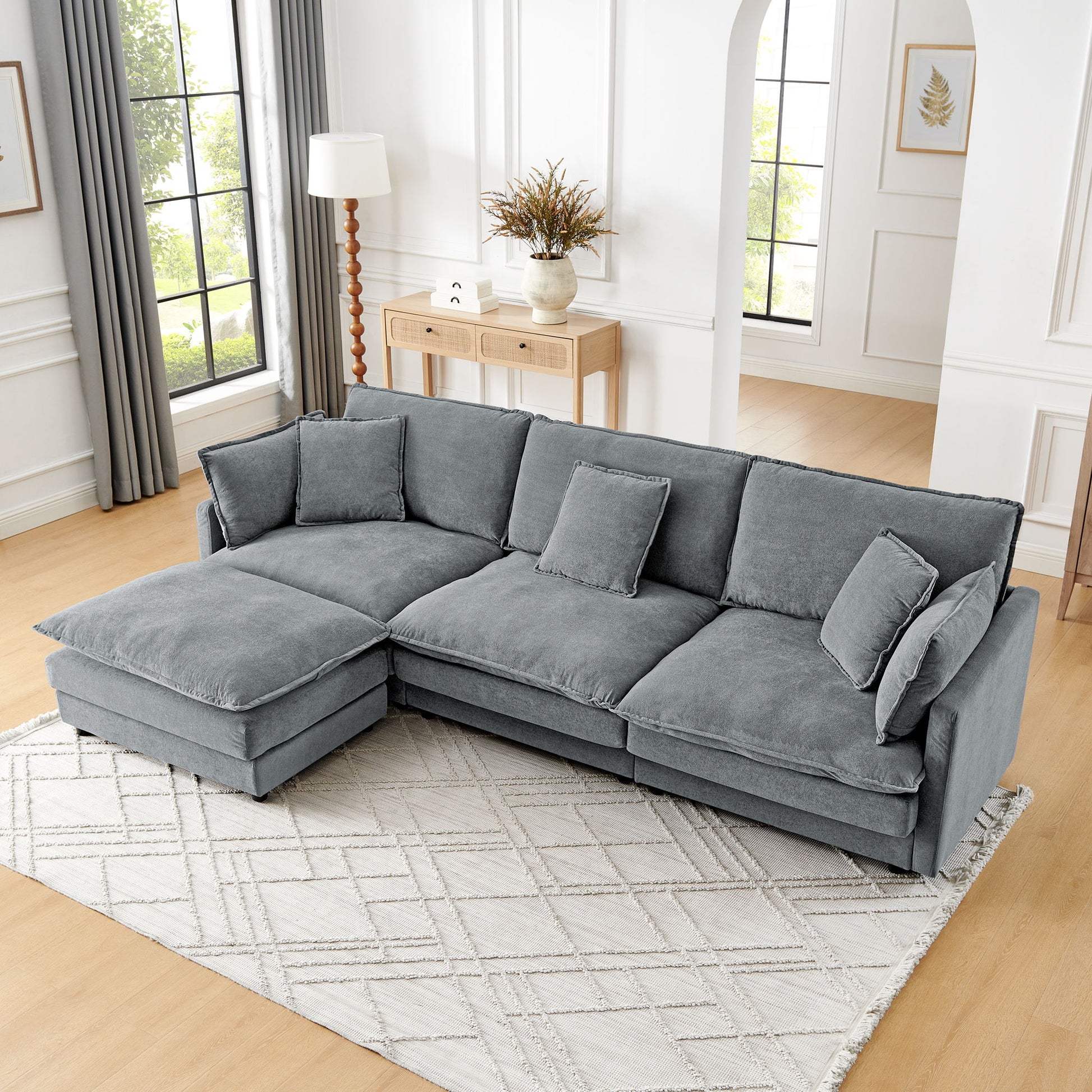 L-Shaped Sectional Sofa With Ottoman, Convertible 4 Seater Couch Home Essentials