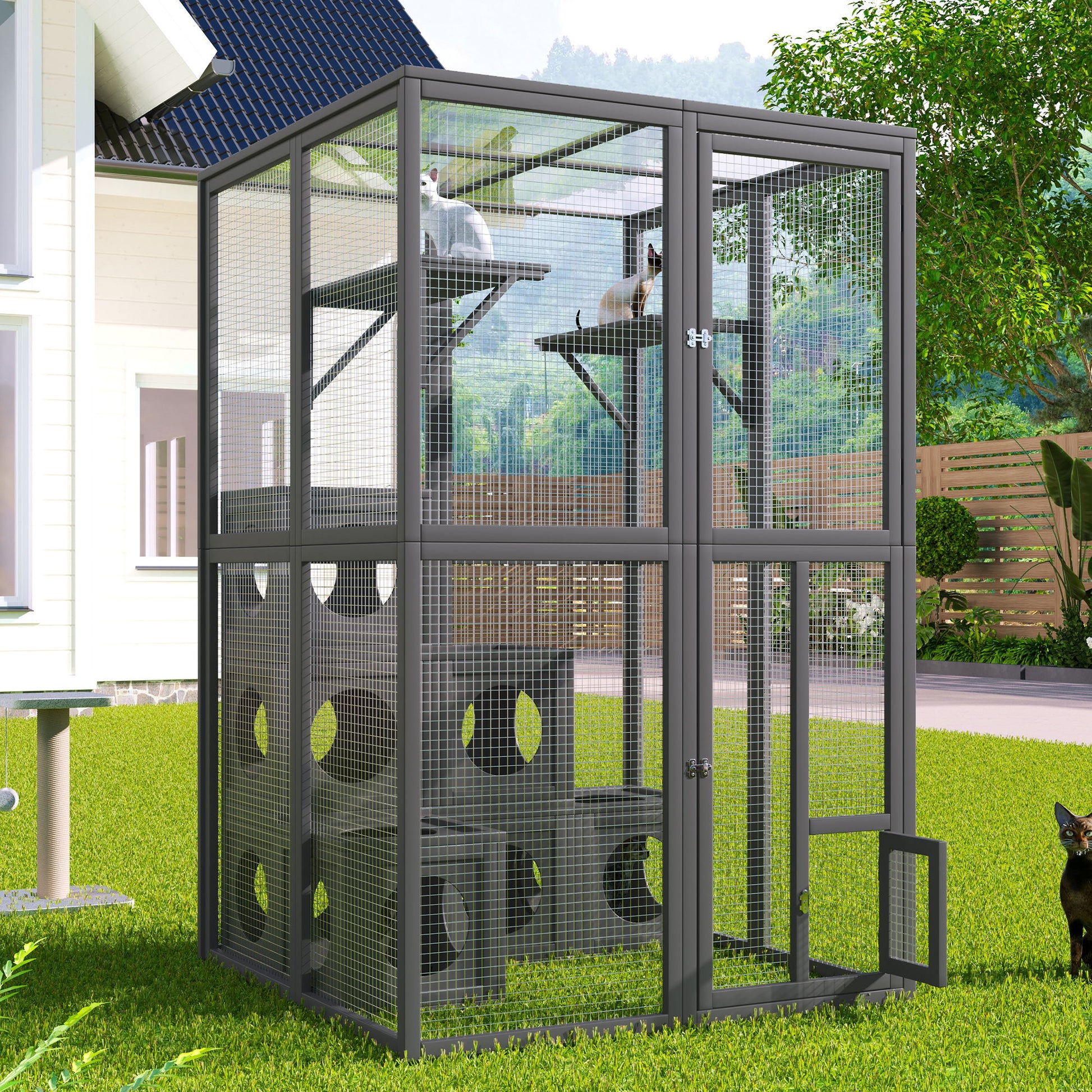 Outdoor Cat House With Shelves And Weather Protection, Removable Wood Boxes - Gray Daily Nest