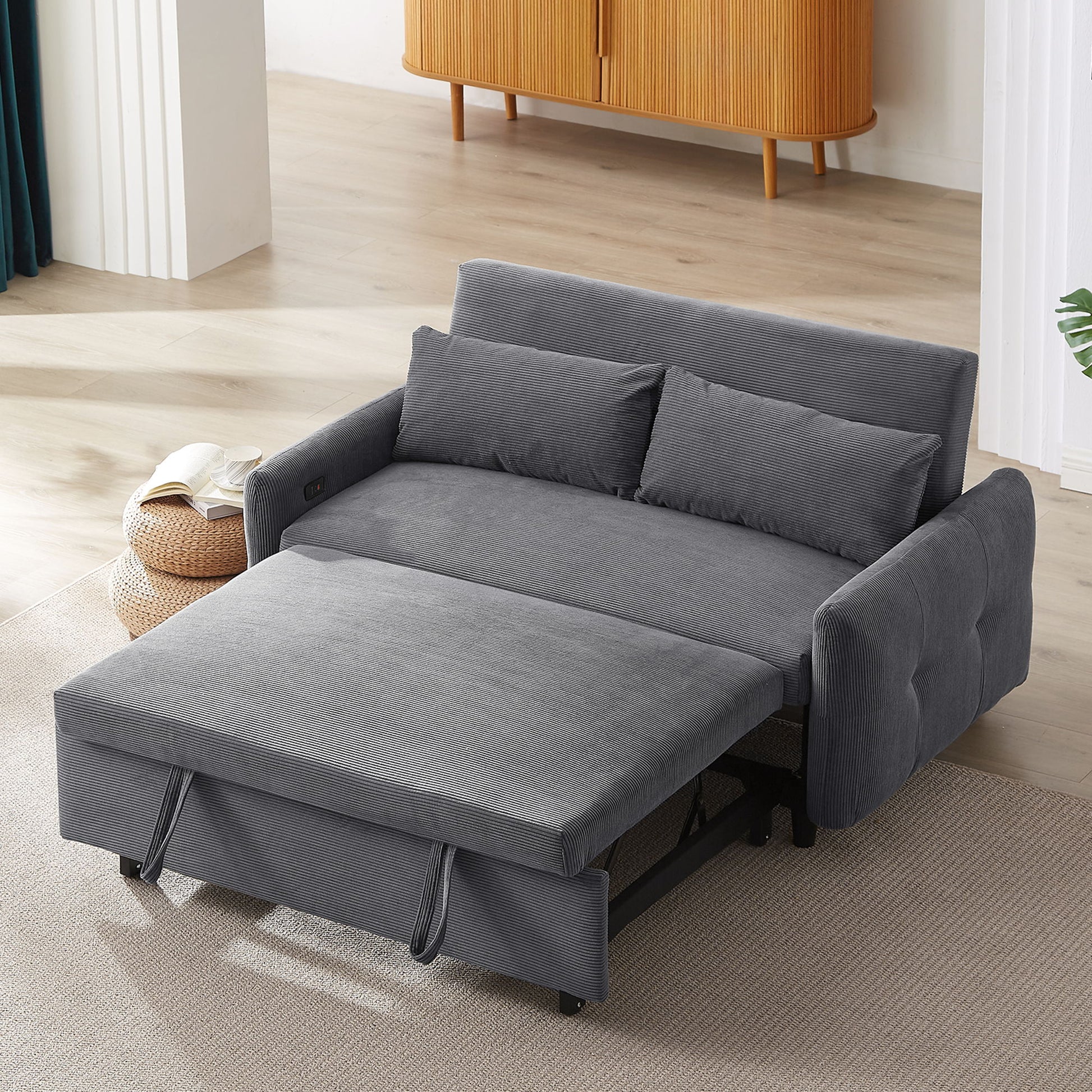 Pull-Out 2 Seat Modern Sleeper Sofa With 2 Throw Pillows And USB Ports Hearth and Haven