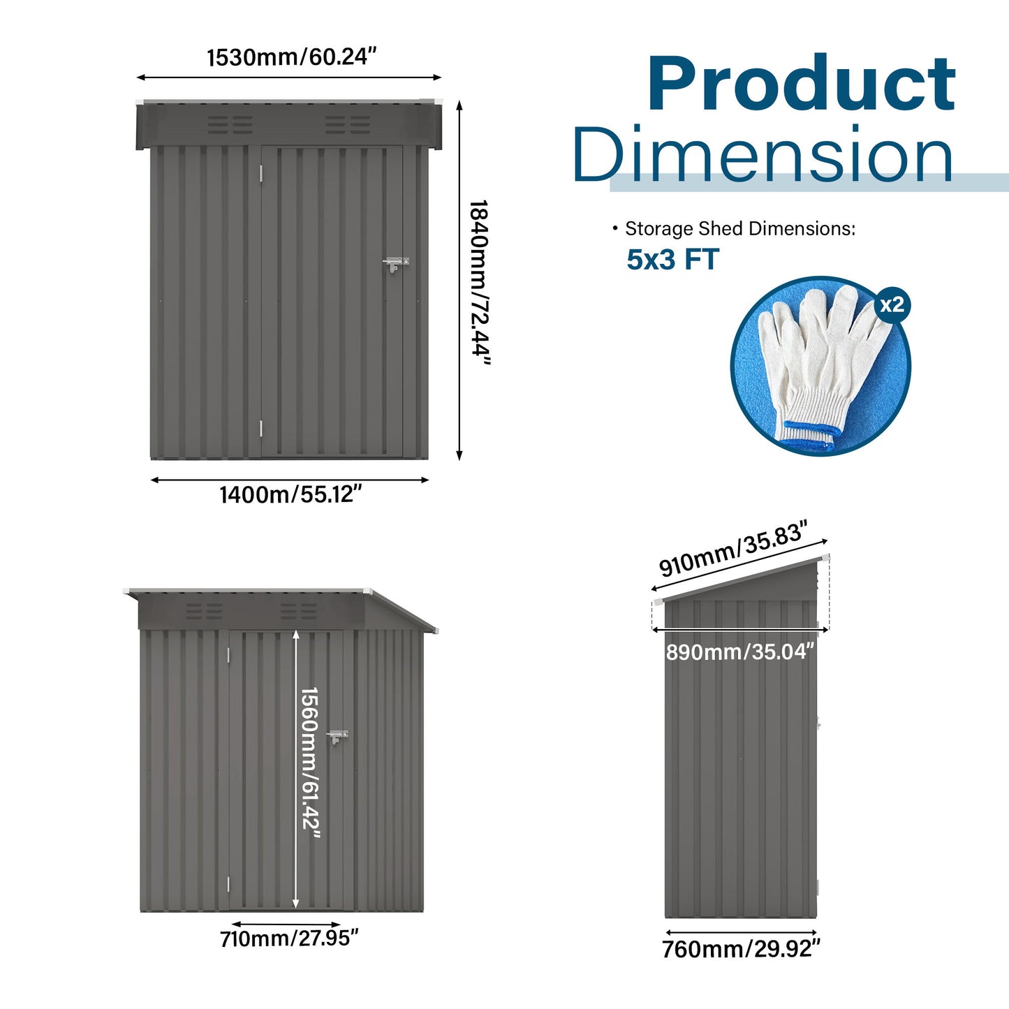 5 X 3 Ft Durable Metal Shed Outdoor Storage Shed With Pitched Roof And Lockable Door - Gray Daily Nest