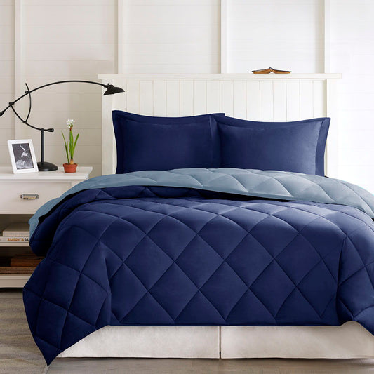 Larkspur - 3M Scotchgard Diamond Quilting Reversible Down Alternative Comforter Set - Navy / Light Blue Madison Park Essentials