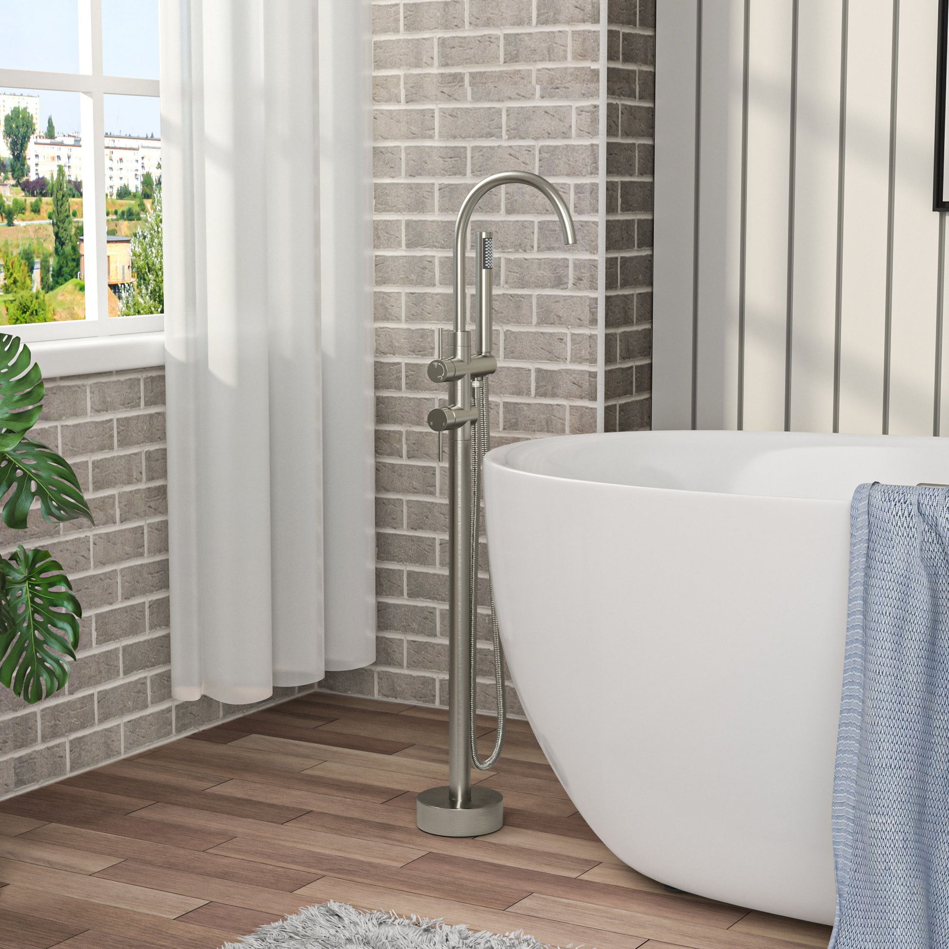 Freestanding Bathtub Faucet Floor Mount Tub Filler With Swivel Gooseneck Spout And Cylinder Handheld Daily Nest