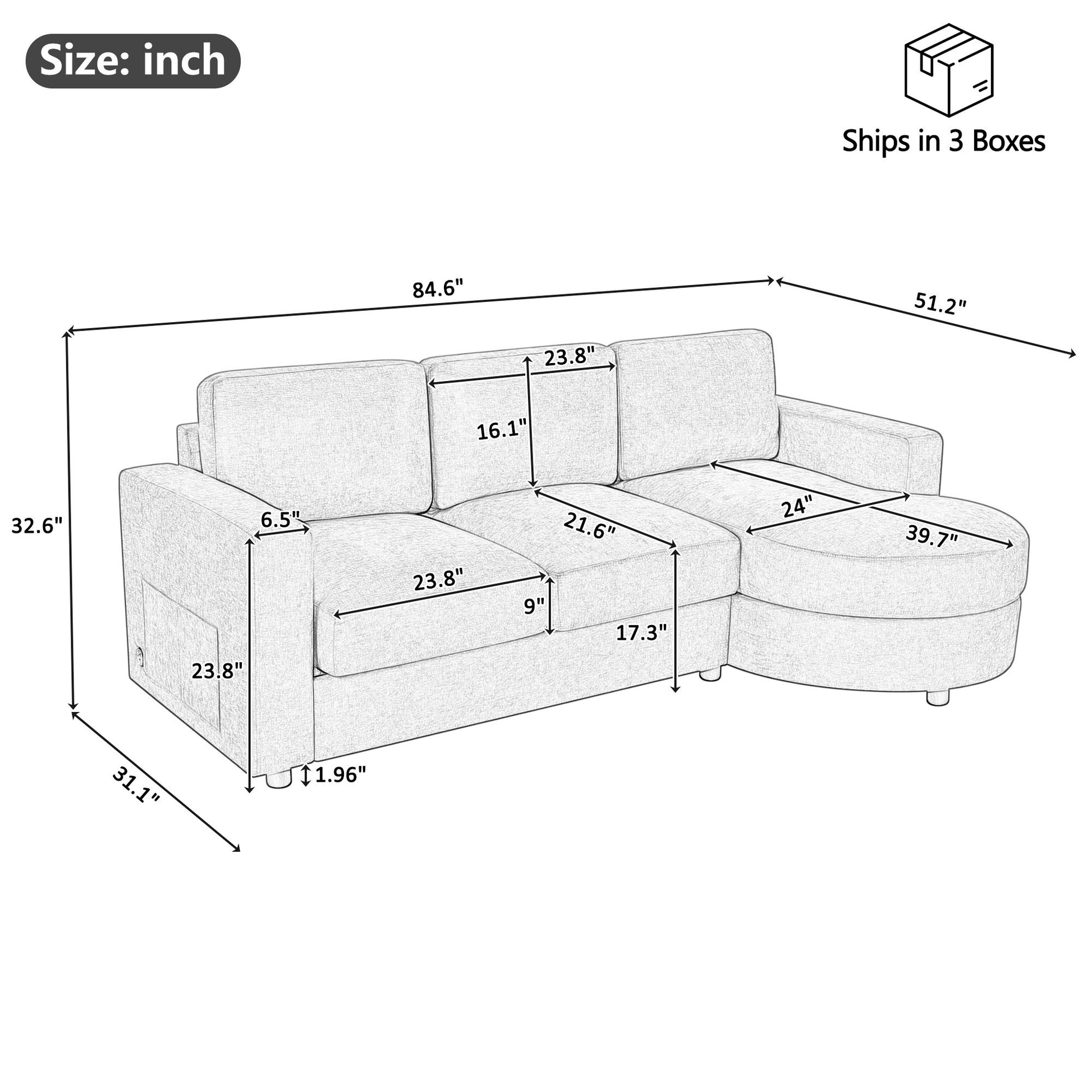 Modern L-Shaped Sectional Sofa With Curved Chaise, USB Ports, And Side Storage Pockets Hearth and Haven