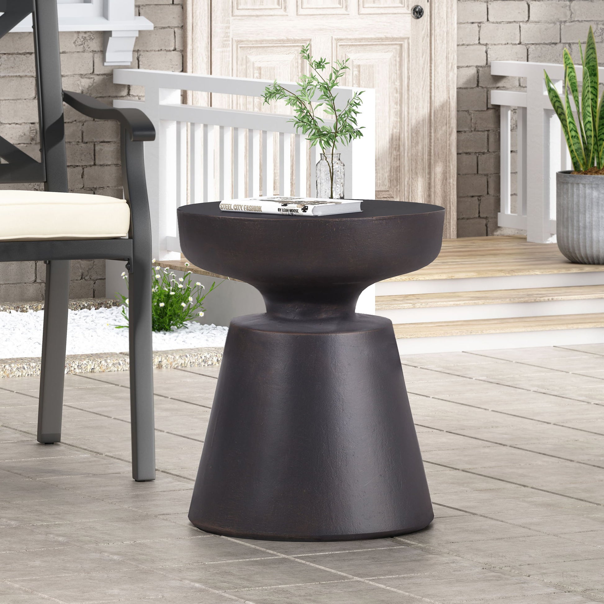Outdoor Lightweight Concrete End Table With Half Sphere Top - Copper Noble House
