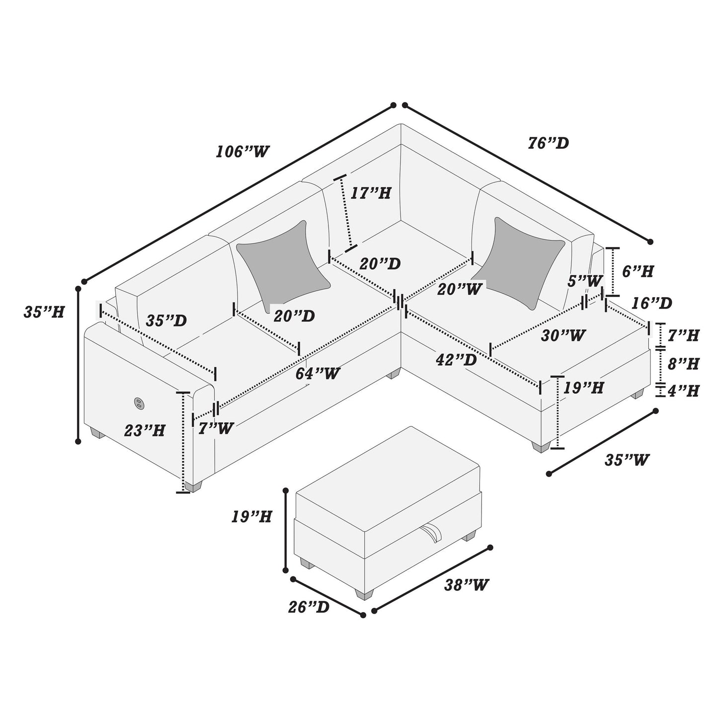 Modern Style Sectional Set With USB Port, Storage Ottoman Home Essentials