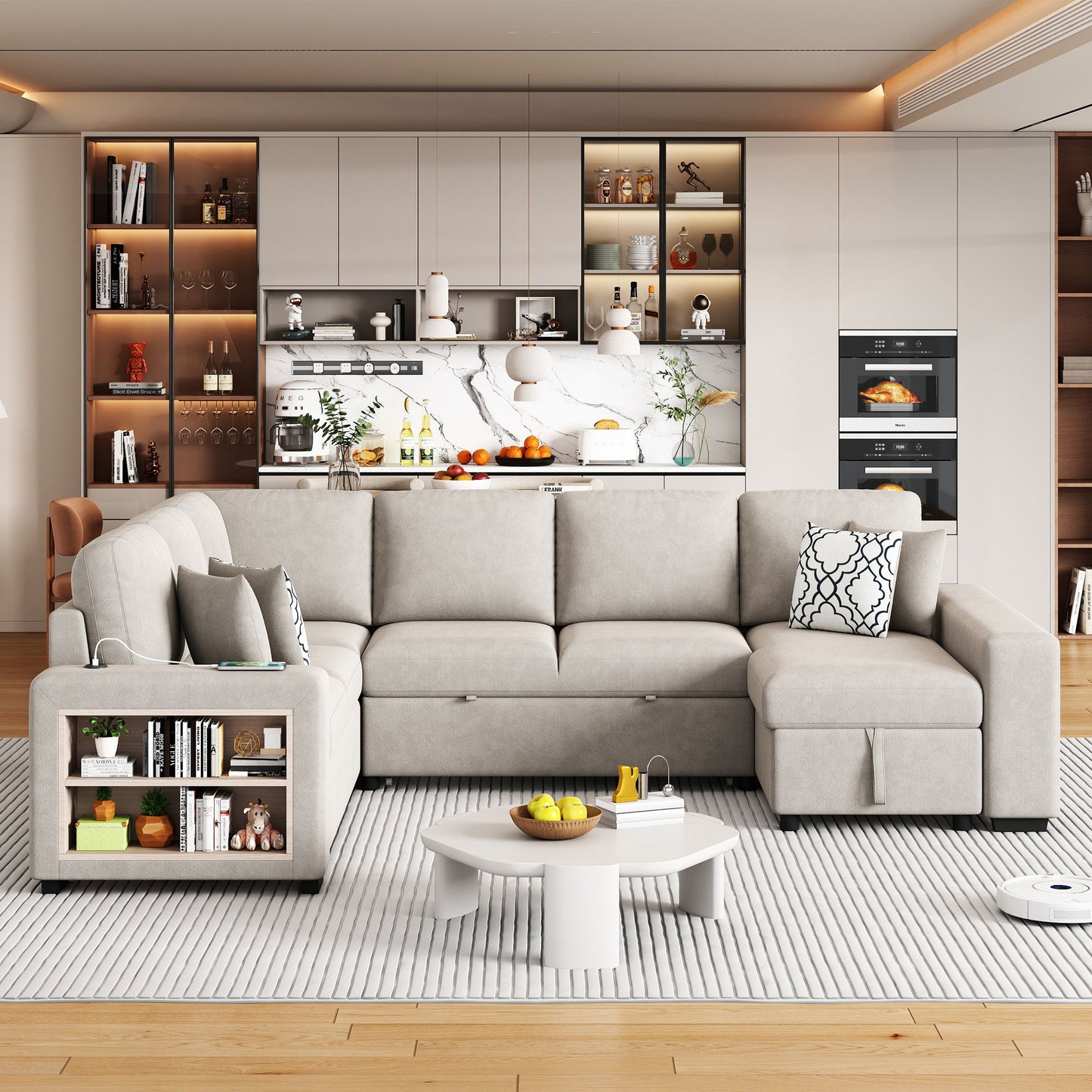 U-Shaped Sectional Sofa Pull-Out Sofa Bed With Two USB Ports, A Storage Chaise Lounge And Four Back Pillows For Living Room Hearth and Haven
