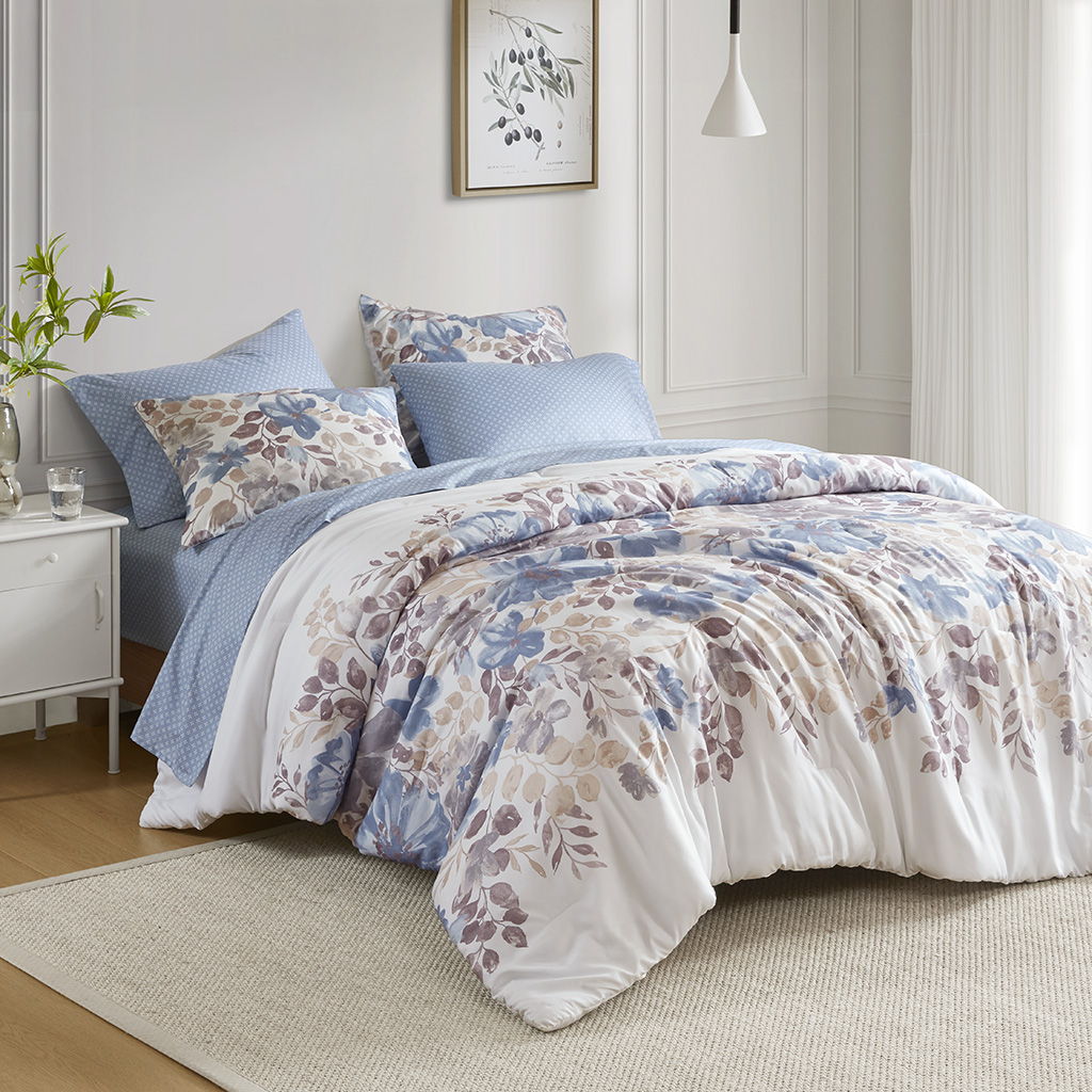 Luna - Floral King Comforter Set With Bed Sheets - Blue Madison Park Essentials