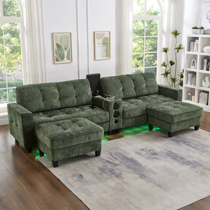 Modern Sectional Sofa U-Shaped With Movable Ottomans, tooth Speakers, LED Lights And Modular Storage Hearth and Haven