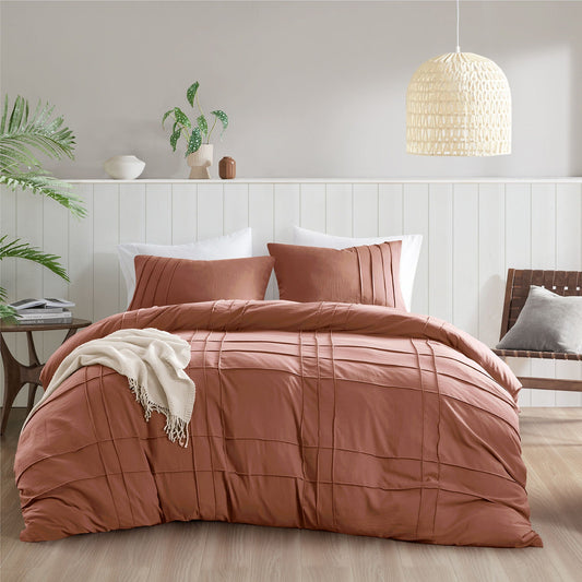 Porter - Queen Soft Washed Pleated Duvet Cover Set - Clay Super Listing
