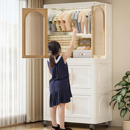 25.59" Side Wide Folding Wardrobe, 25.59" ×15.75" ×57.09" , With Magnetic Door, Plastic Storage Cabinet With Wheels ( One Layer Of Wardrobe + Two Layers Of Folding Boxes + 10 Hangers ) - Cream White