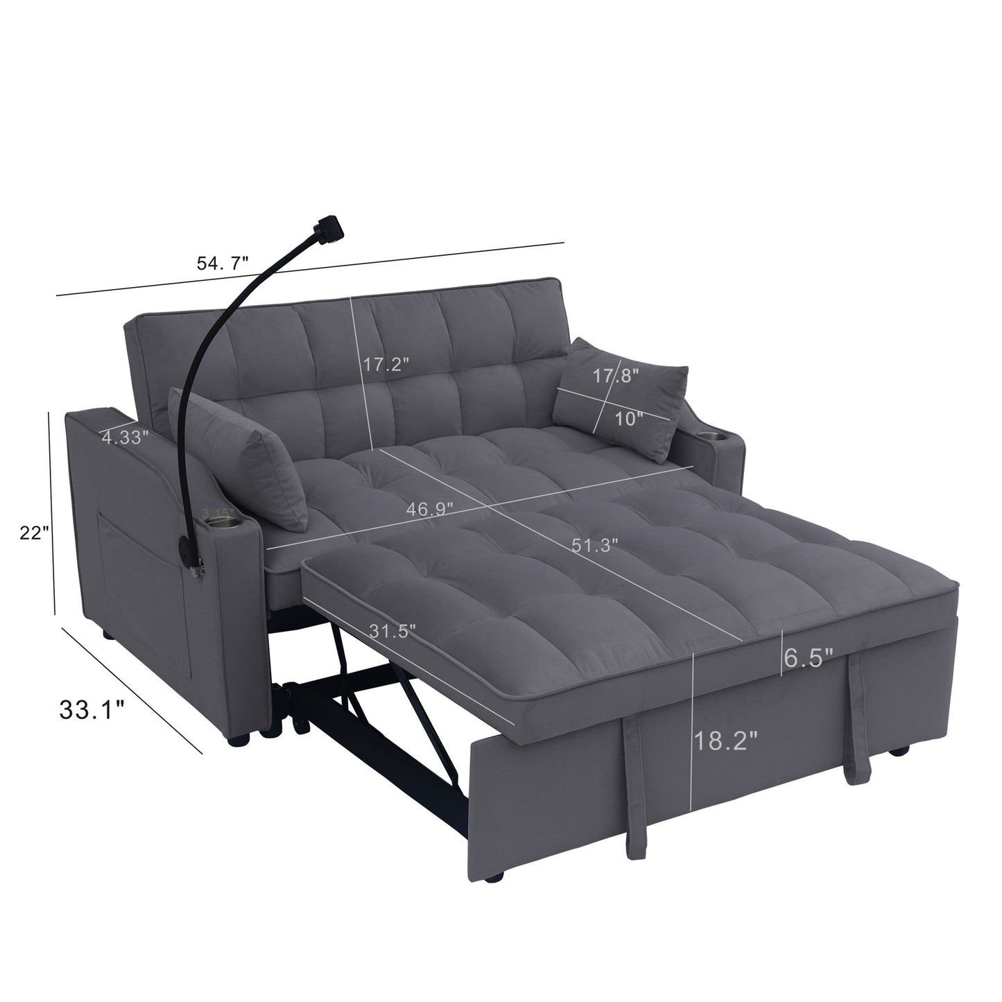 Modern Velvet Loveseat Futon Sofa With Pullout Bed, Adjustable Reclining Backrest, Toss Pillows Home Essentials
