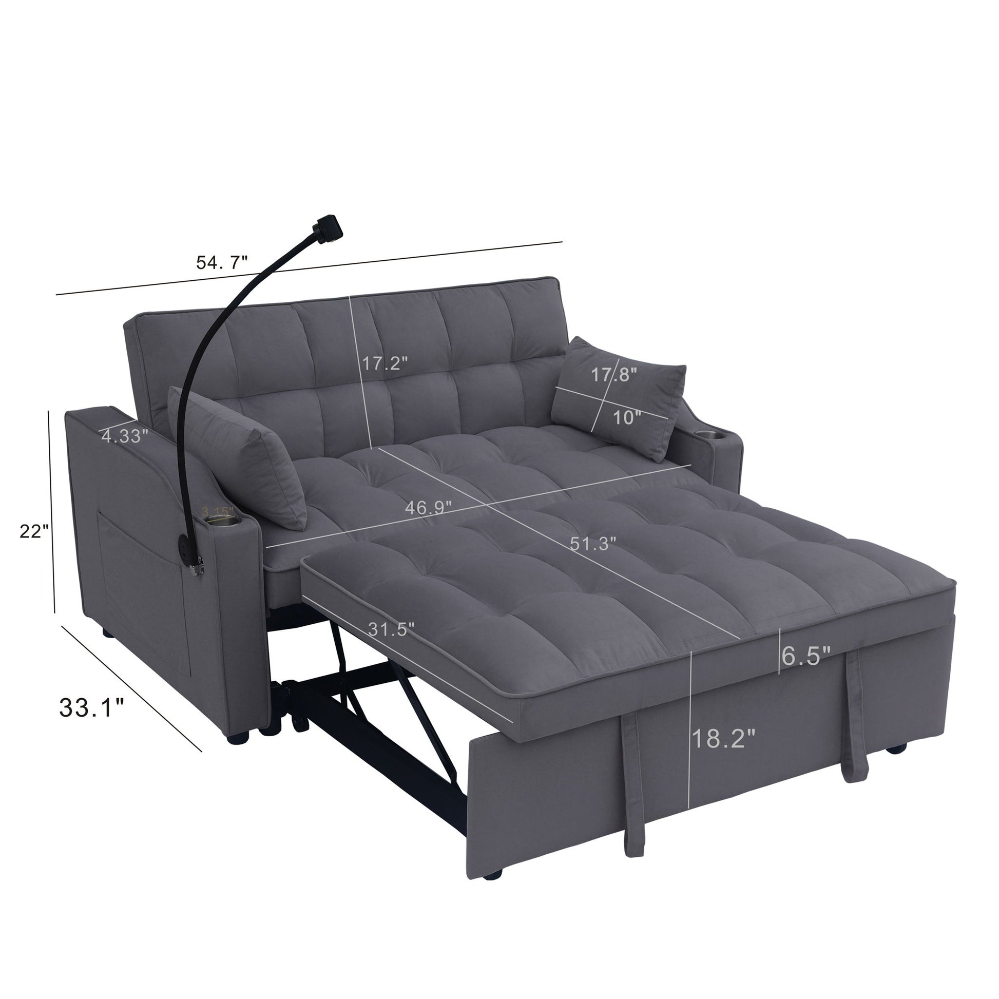 Modern Velvet Loveseat Futon Sofa With Pullout Bed, Adjustable Reclining Backrest, Toss Pillows Home Essentials