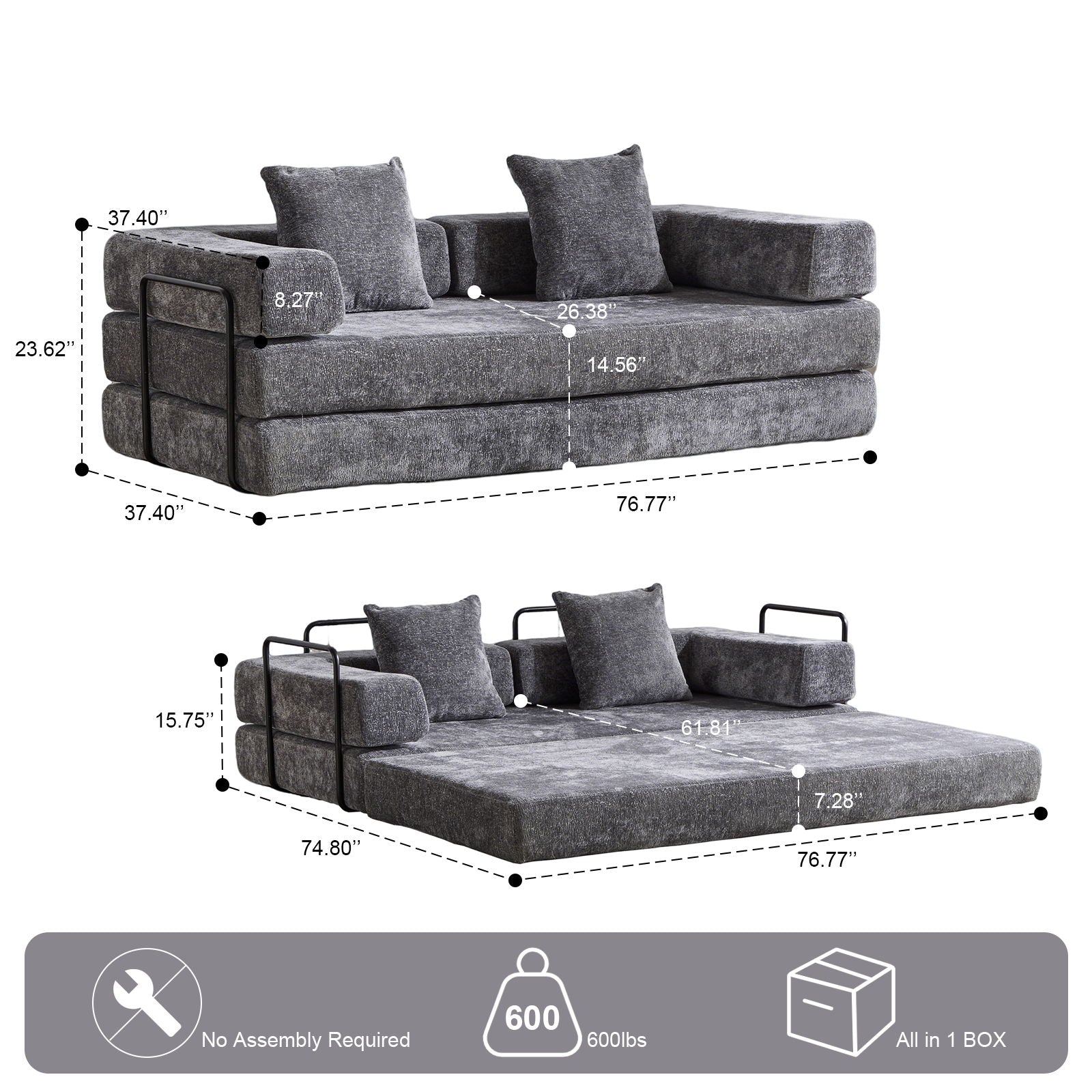 Convertible Floor Sofa Bed With Pillow Back Support Armrest Home Essentials