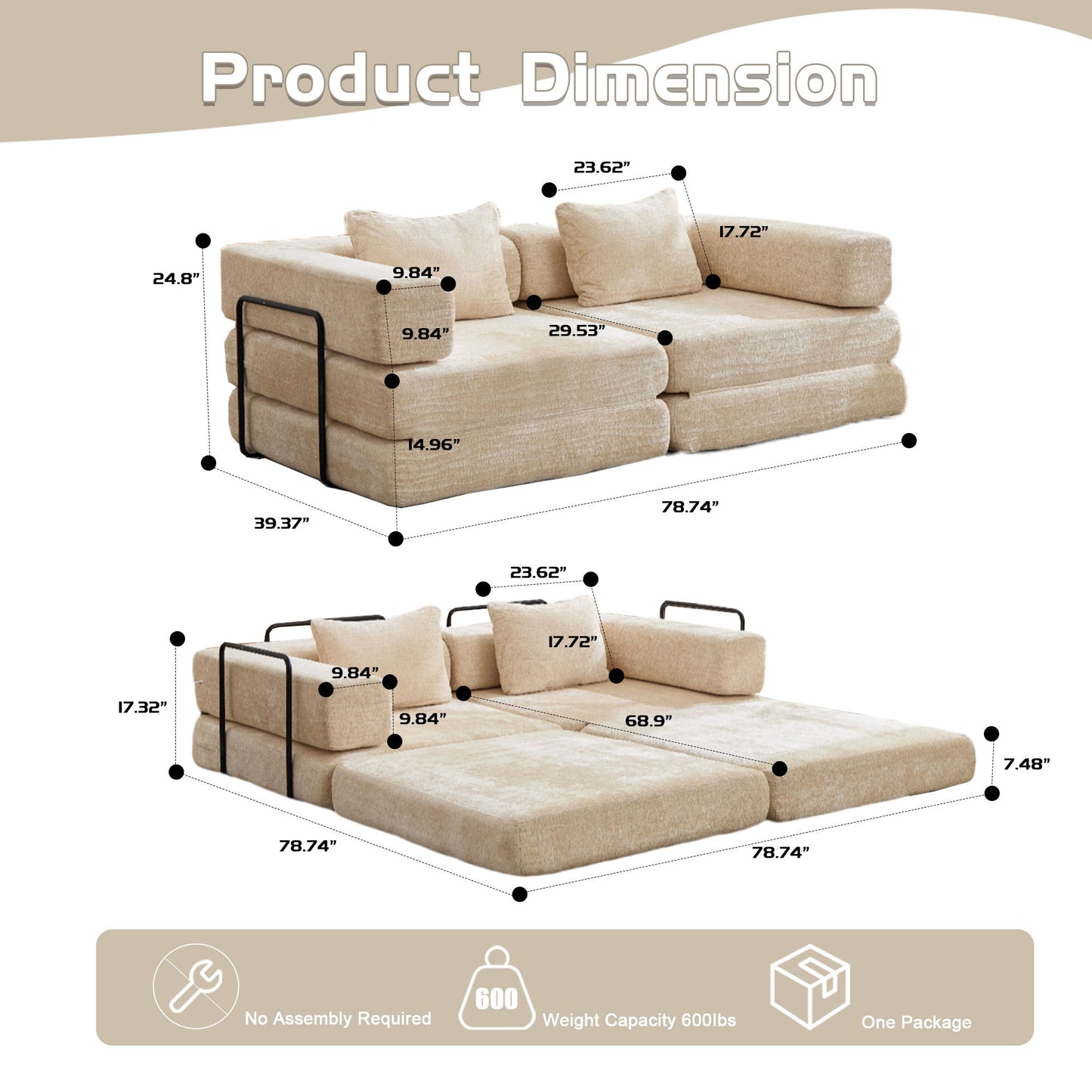 Convertible Floor Sofa Bed With Pillow Back Support Armrest Home Essentials
