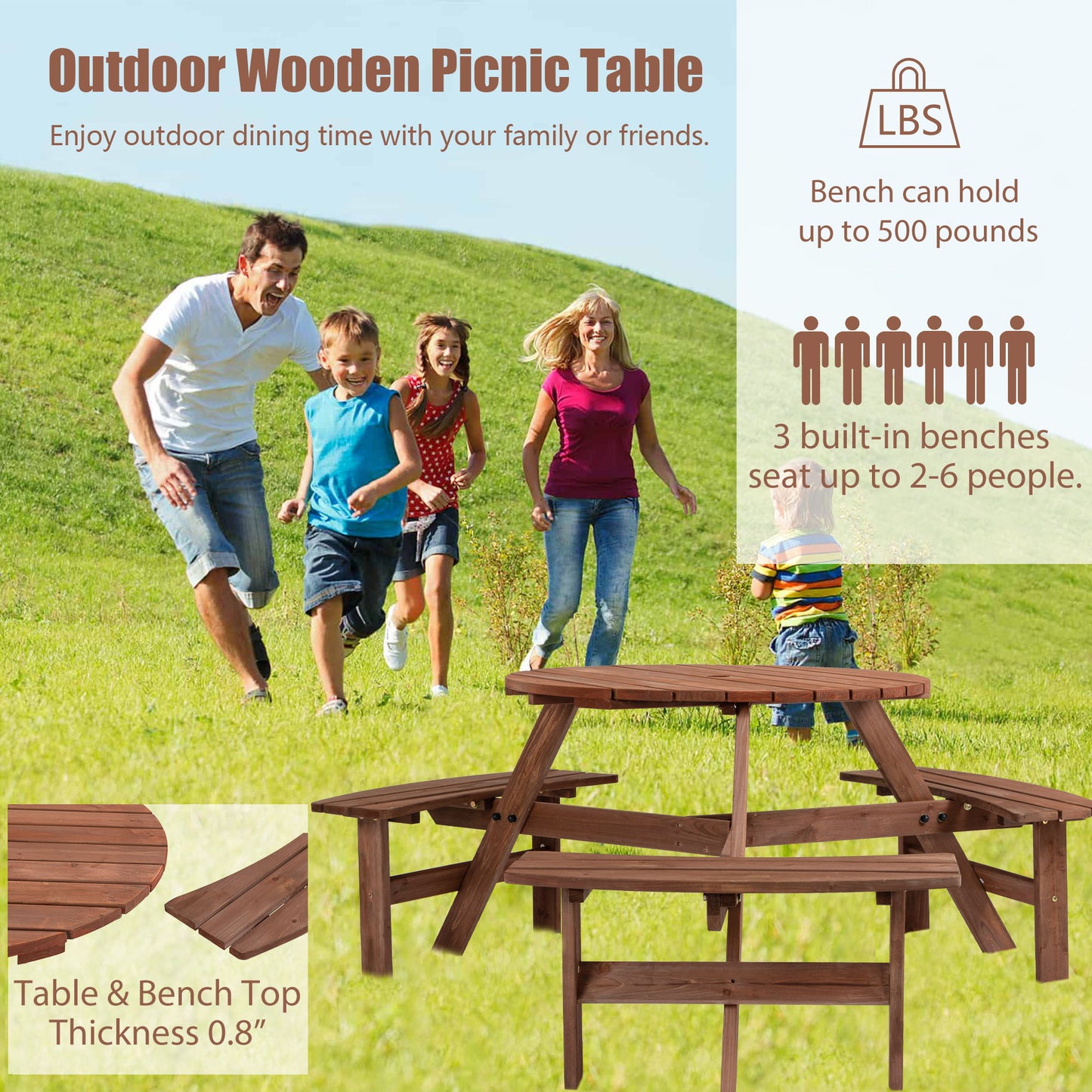 6 Person Circular Outdoor Wooden Picnic Table For Patio, Backyard, Garden, Diy With 3 Built-In Benches, 1720Lb Capacity