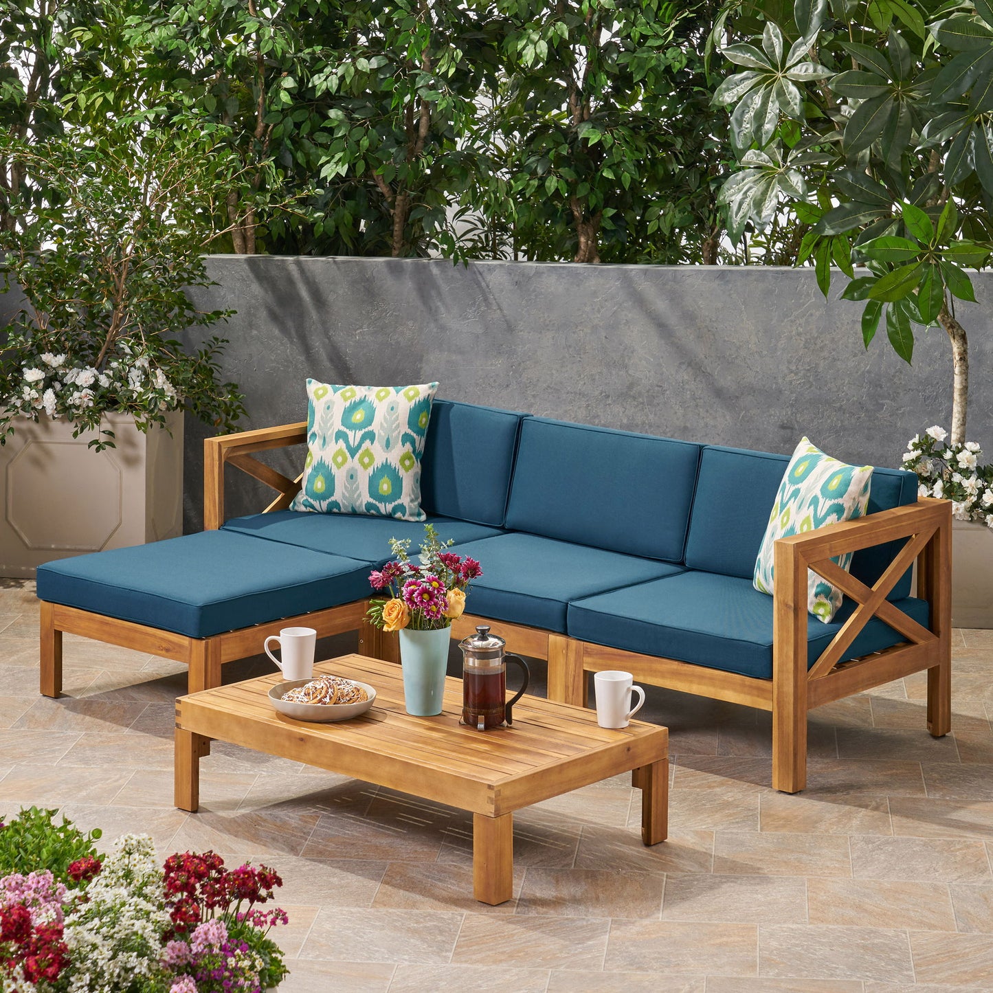 Radiat 5 Piece Outdoor L Shaped Sof Set With Coffee Table And Water Resistant Cushions - Teak Noble House