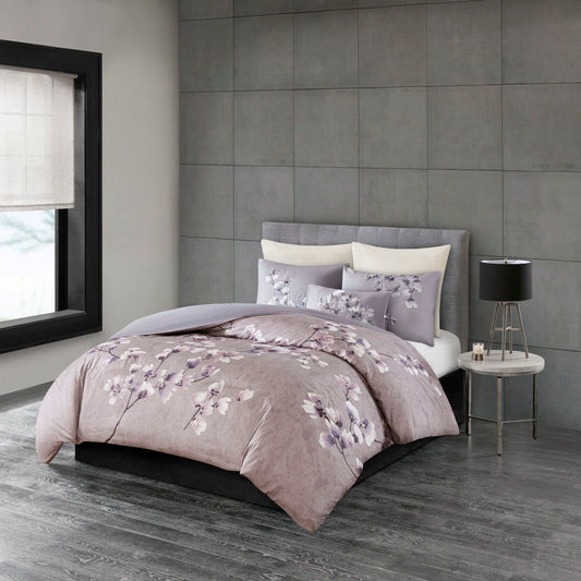 Sakura Blossom - 3 Piece Sateen Printed Comforter Set - Lilac