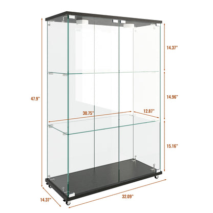 Modern Display Cabinet With LED Lights, Transparent Tempered Glass 2 Door Storage Case With 3 Shelves Home Essentials