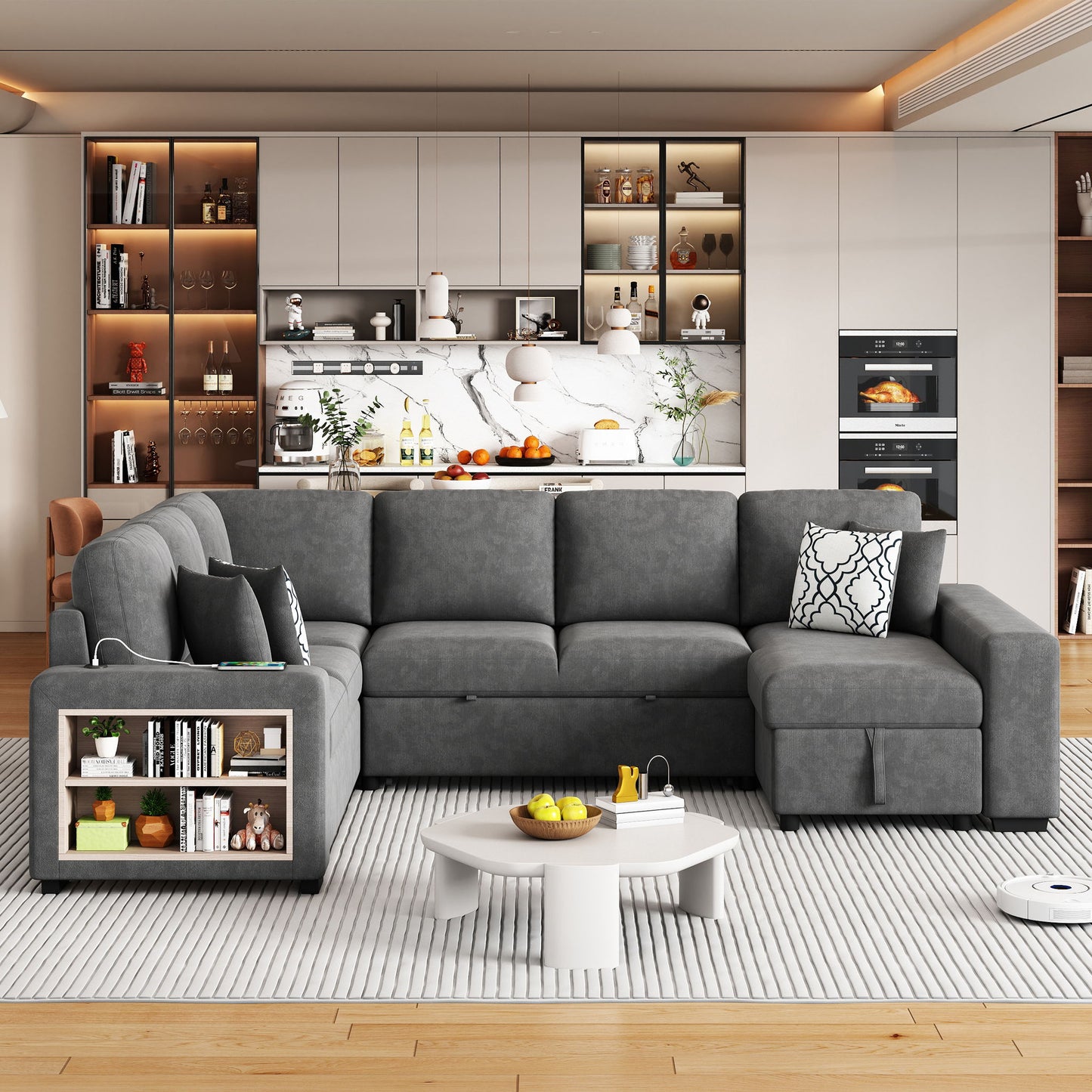 U-Shaped Sectional Sofa Pull-Out Sofa Bed With Two USB Ports, A Storage Chaise Lounge And Four Back Pillows For Living Room Hearth and Haven