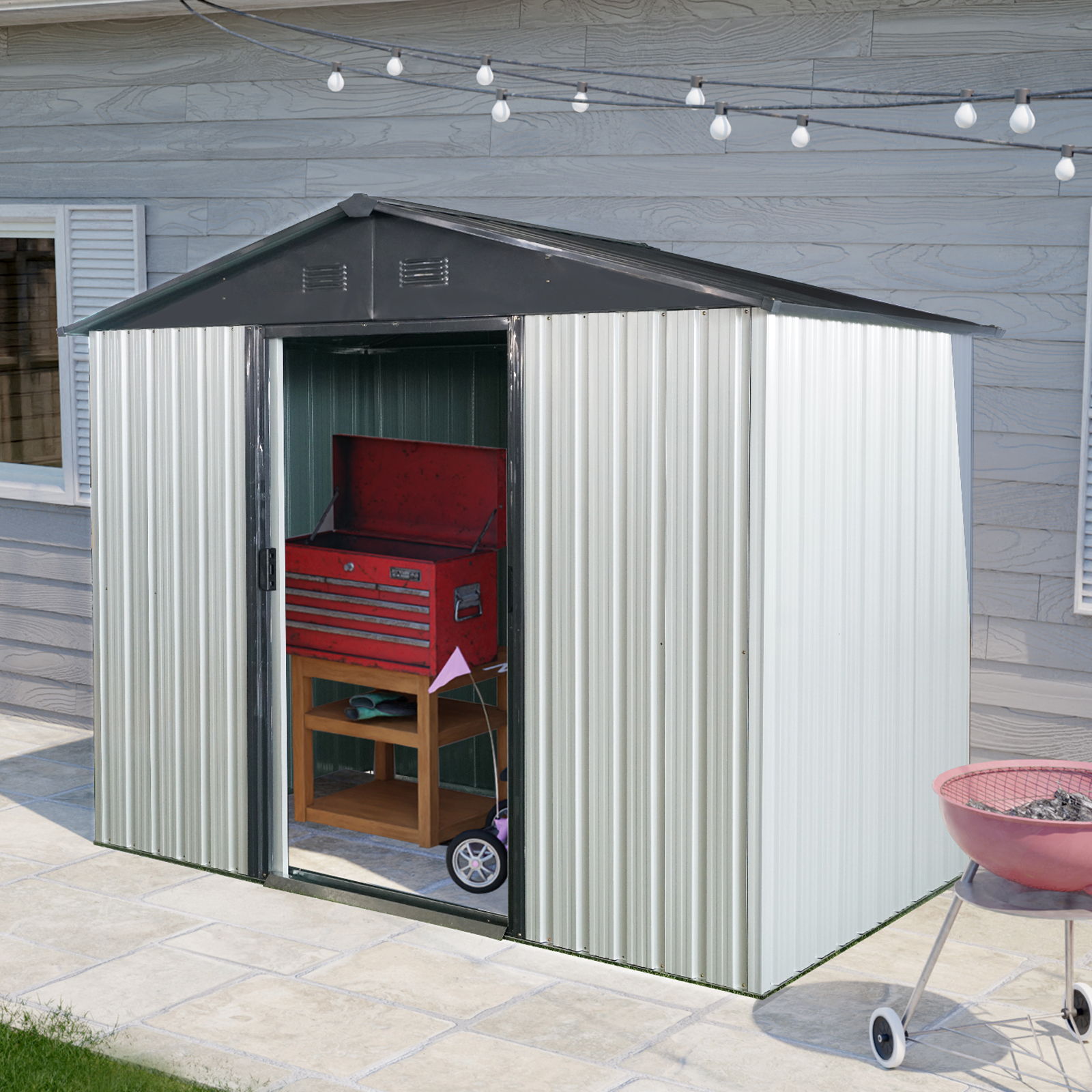 Outdoor Metal Storage Shed With Sliding Door And Foundation For Backyard, Patio, Lawn Daily Nest