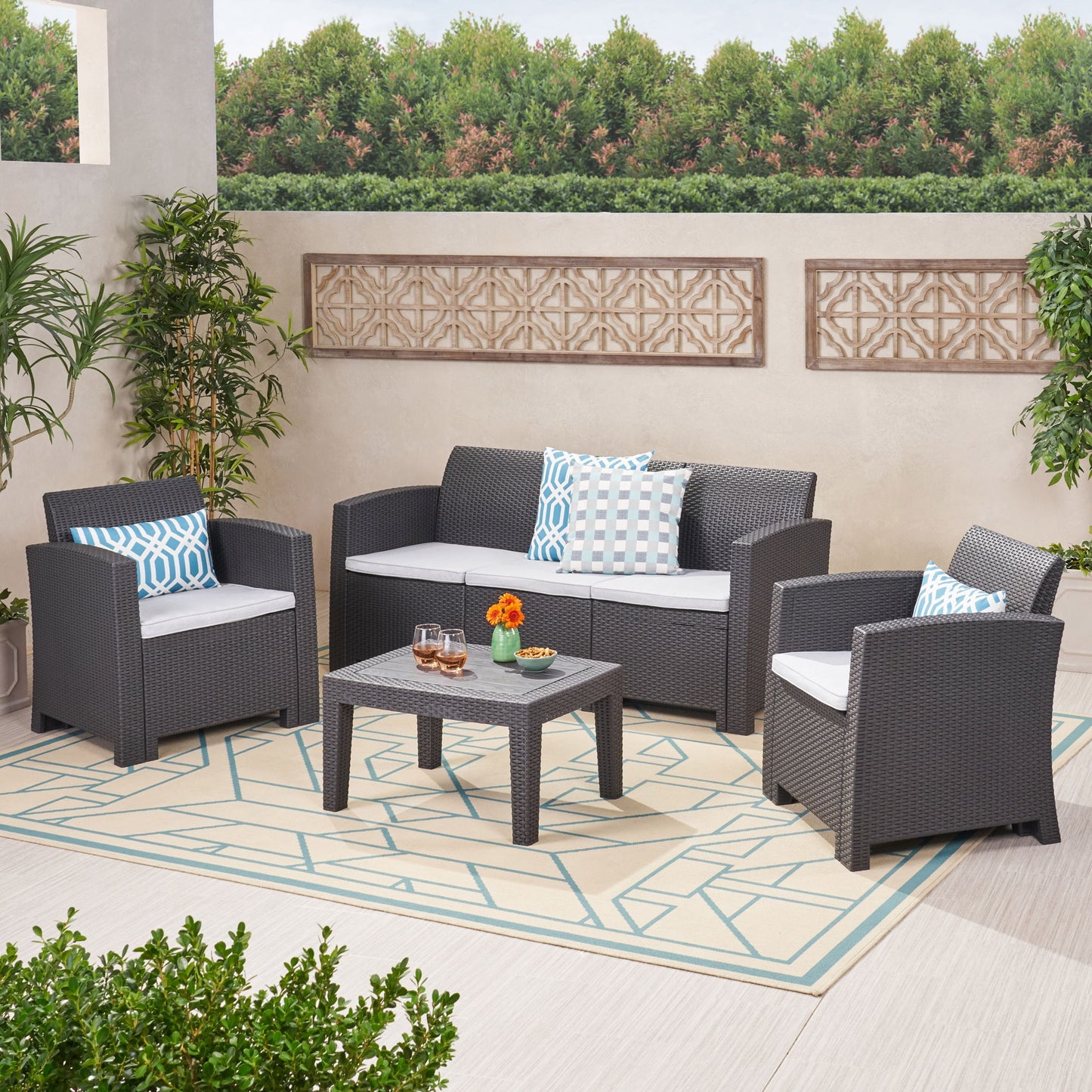Velvora - Outdoor Wicker Set With 3 Seater Sofa, 2 Club Chairs, Coffee Table And Cushions - Brown Noble House