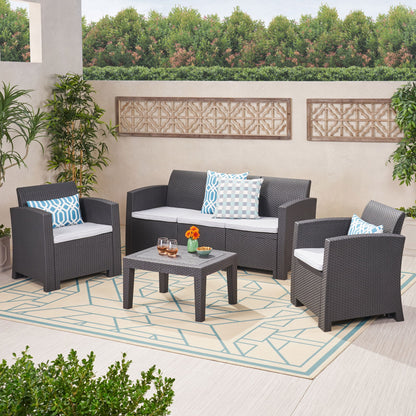 Velvora - Outdoor Wicker Set With 3 Seater Sofa, 2 Club Chairs, Coffee Table And Cushions - Brown Noble House