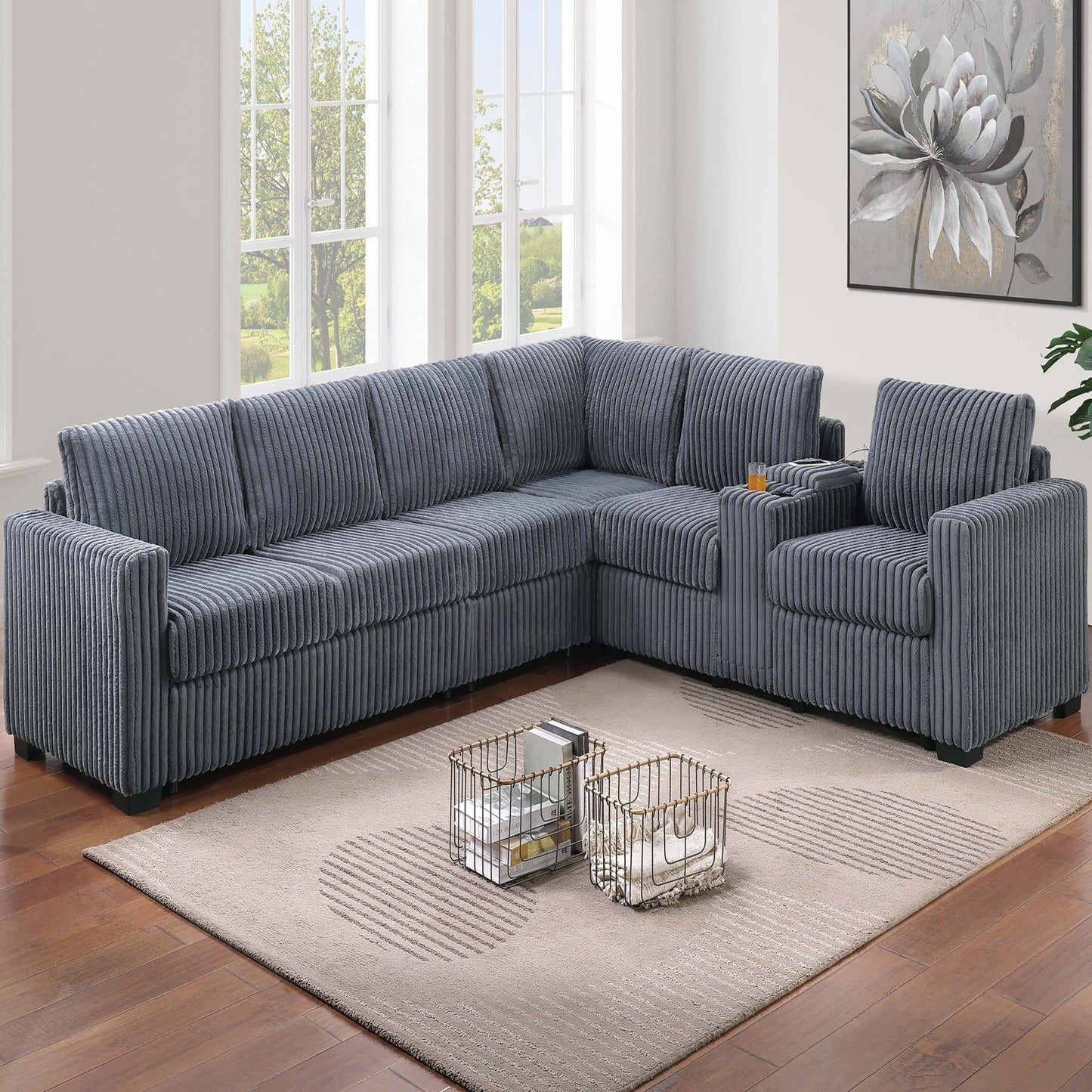 Modern Style L-Shape Sectional Set, USB Ports, Cup Holder Home Essentials