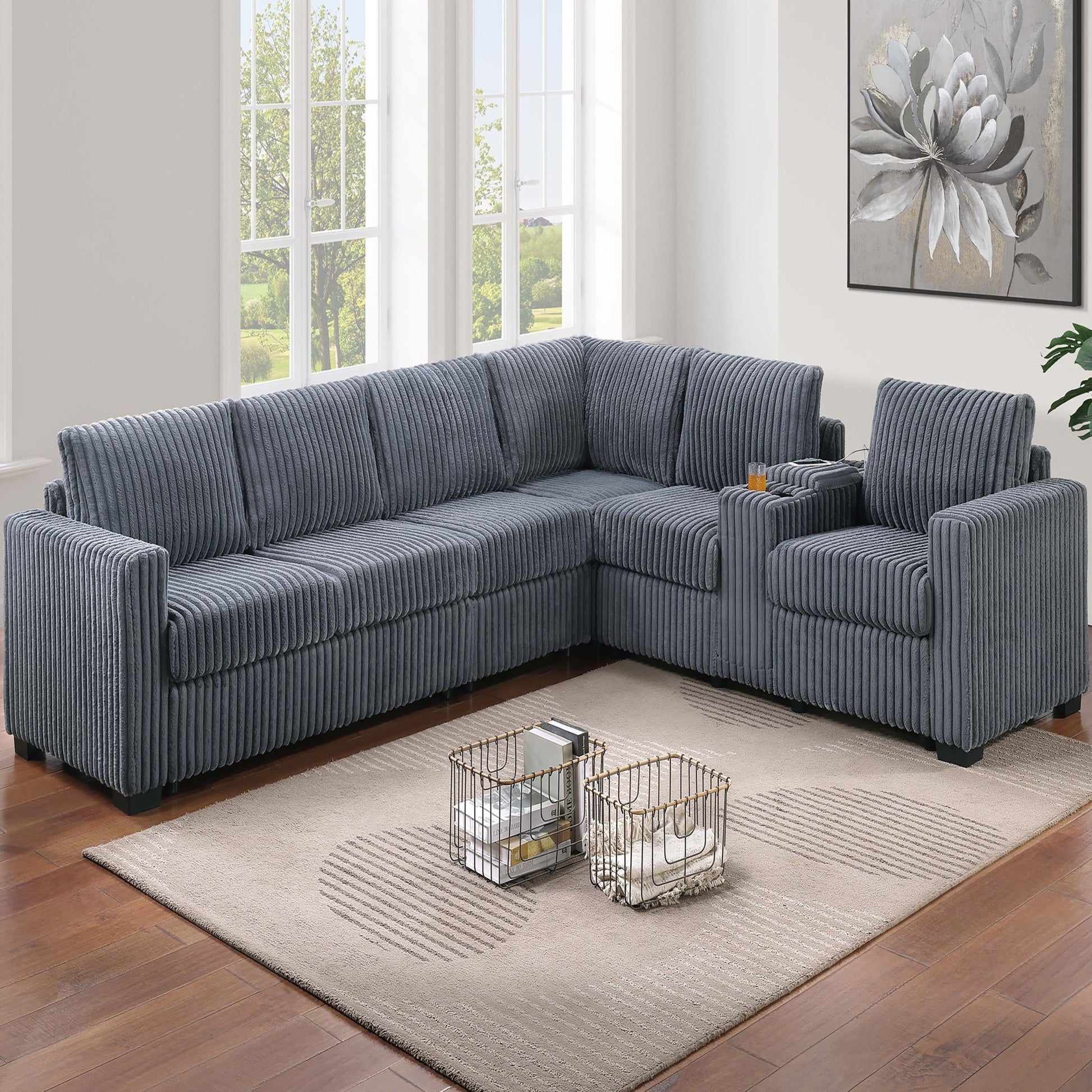 Modern Style L-Shape Sectional Set, USB Ports, Cup Holder Home Essentials