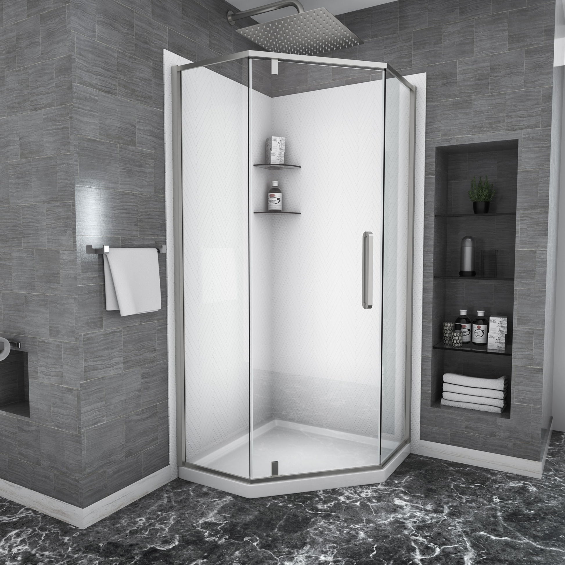Semi Frameless Neo Angle Hinged Shower Enclosure With Clear Tempered Glass - Brushed Nickel Daily Nest