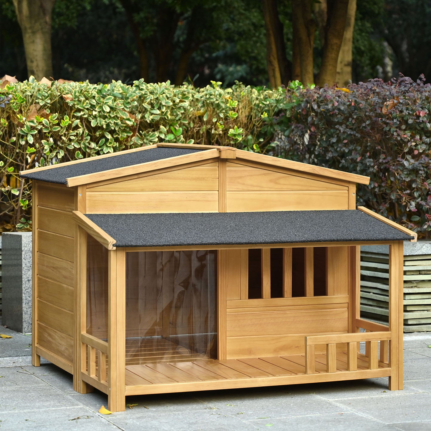 Wooden Dog House, Outdoor & Indoor Dog Crate, Pet Kennel With Porch, Weatherproof, Medium - Nature