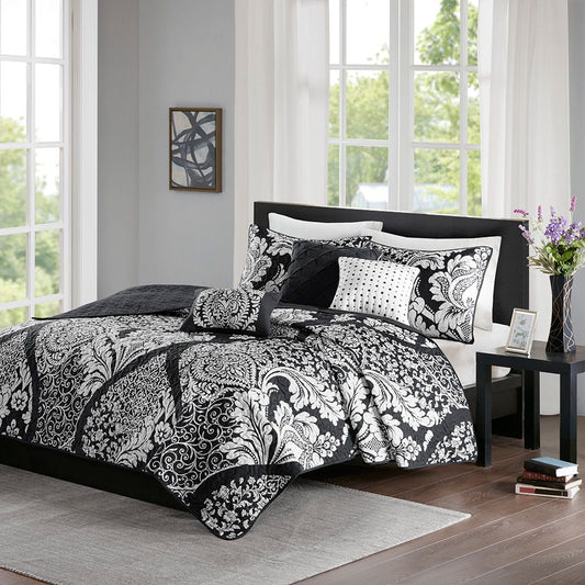 Vienna - 6 Piece Printed Cotton Quilt Set With Throw Pillows - Black