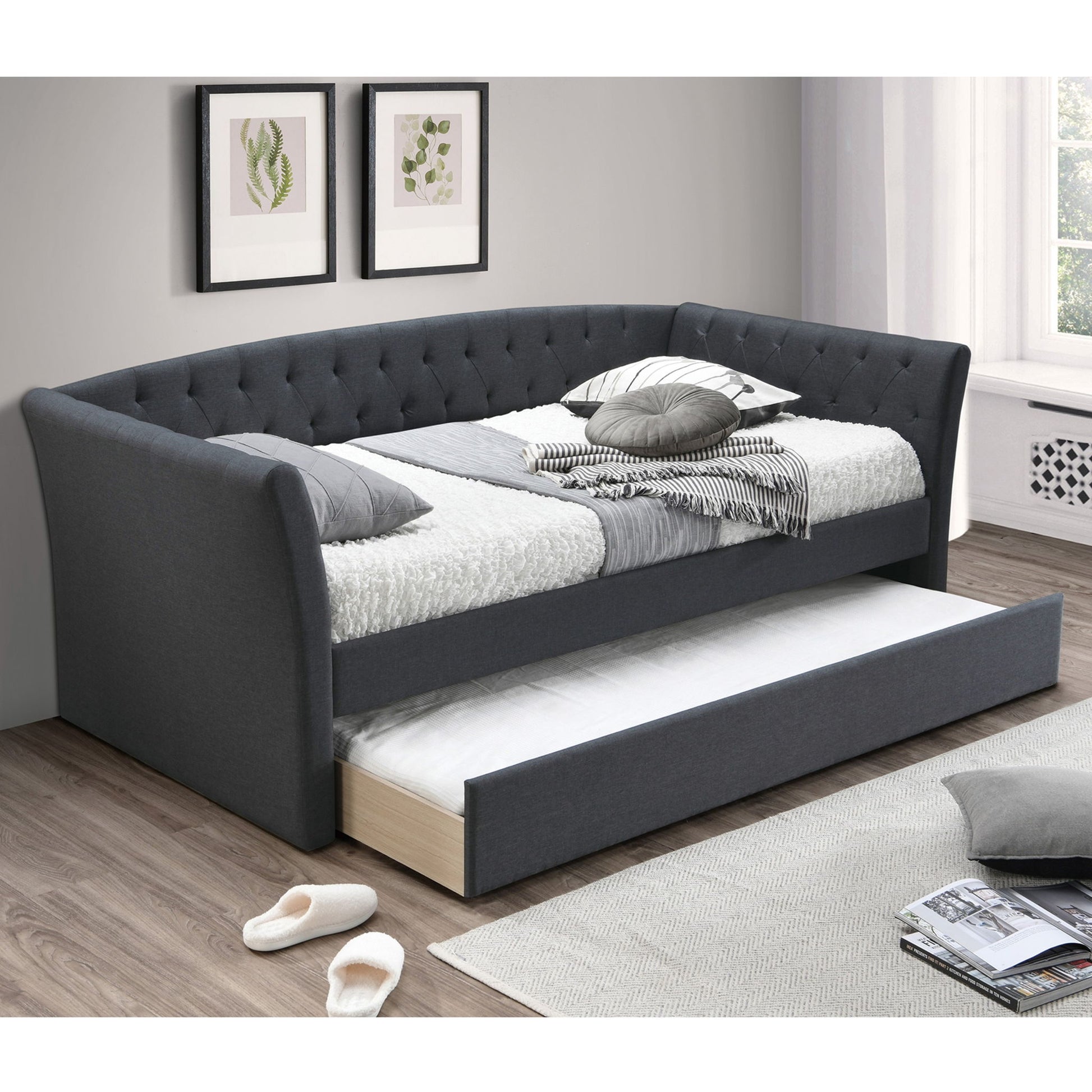 Daybed With Trundle Button Tufted Slat Included - Charcoal Home Essentials
