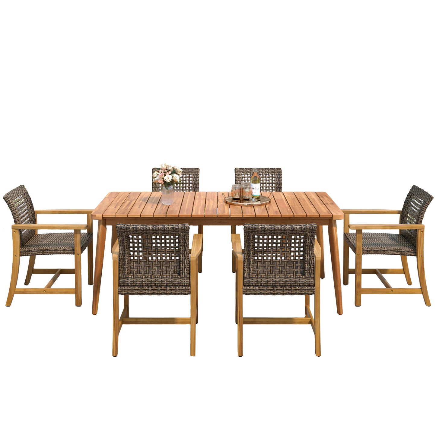 7 Piece Patio Dining Set, Slatted Table & 6 Chairs For Patio Garden - Mocha / Teak Noble House